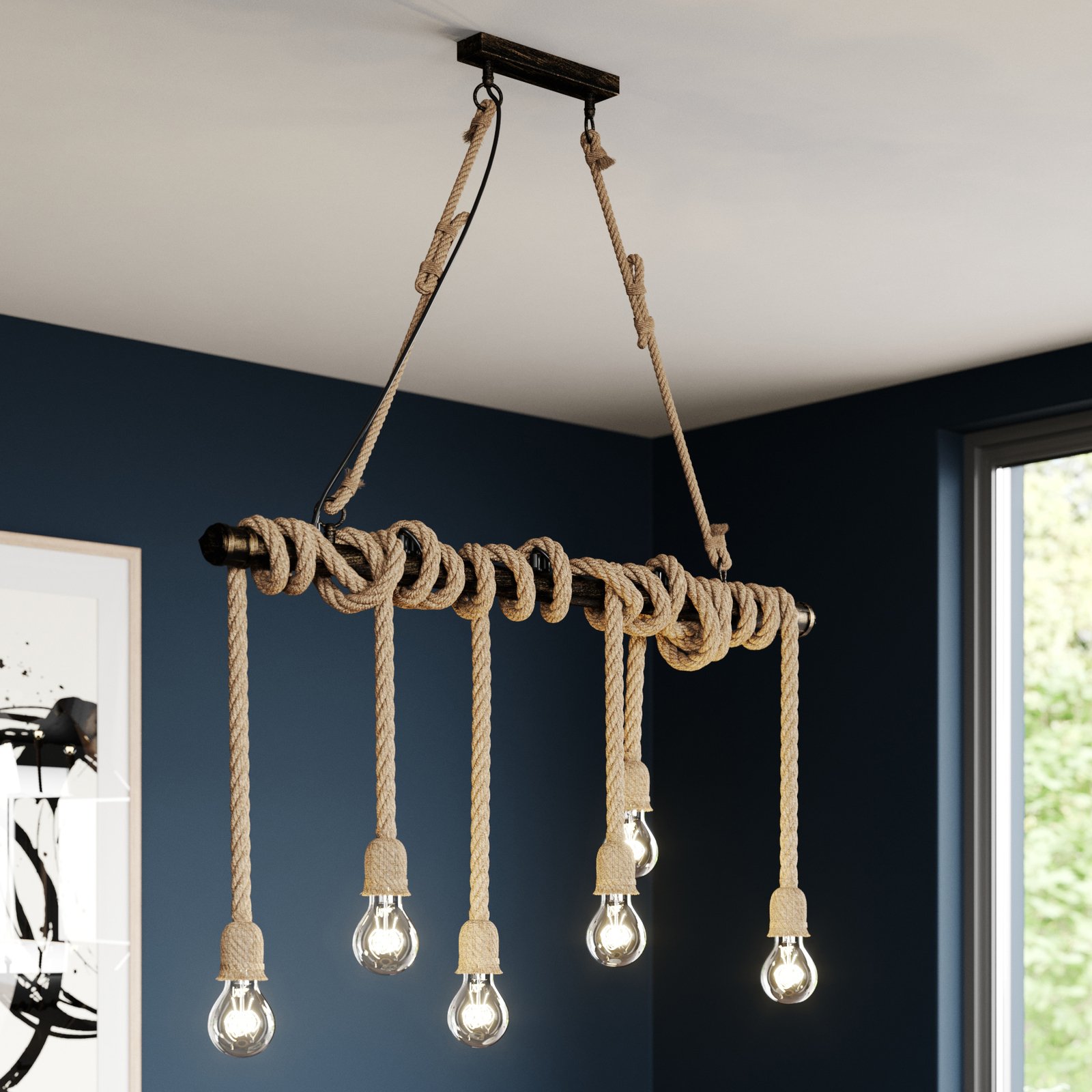 Ja levend Thermisch Lindby Hajo hanglamp, 6-lamps, touw | Lampen24.be