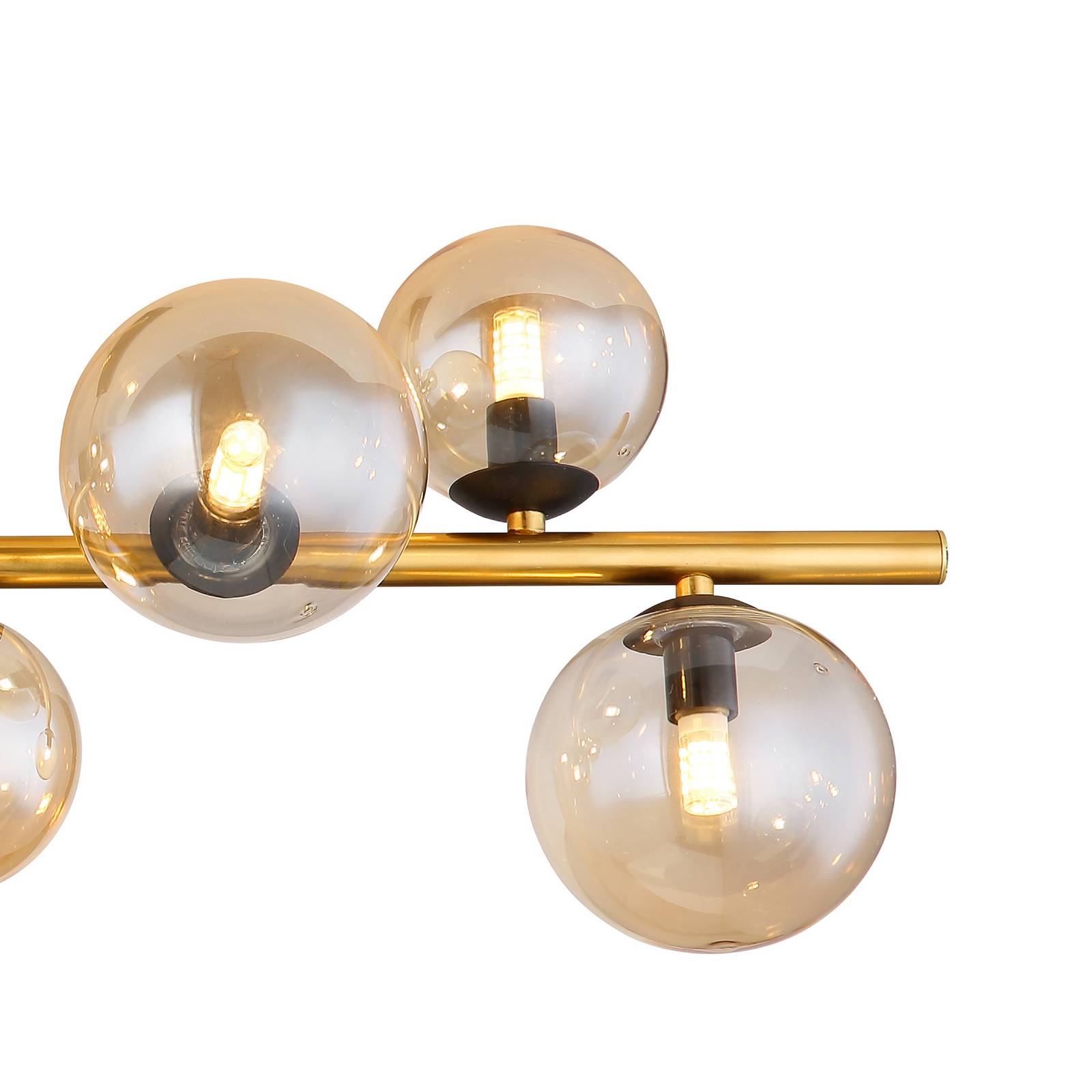 Lampa sufitowa Riha, długość 87 cm, kolor bursztynowy/mosiężny, 9-punktowa.