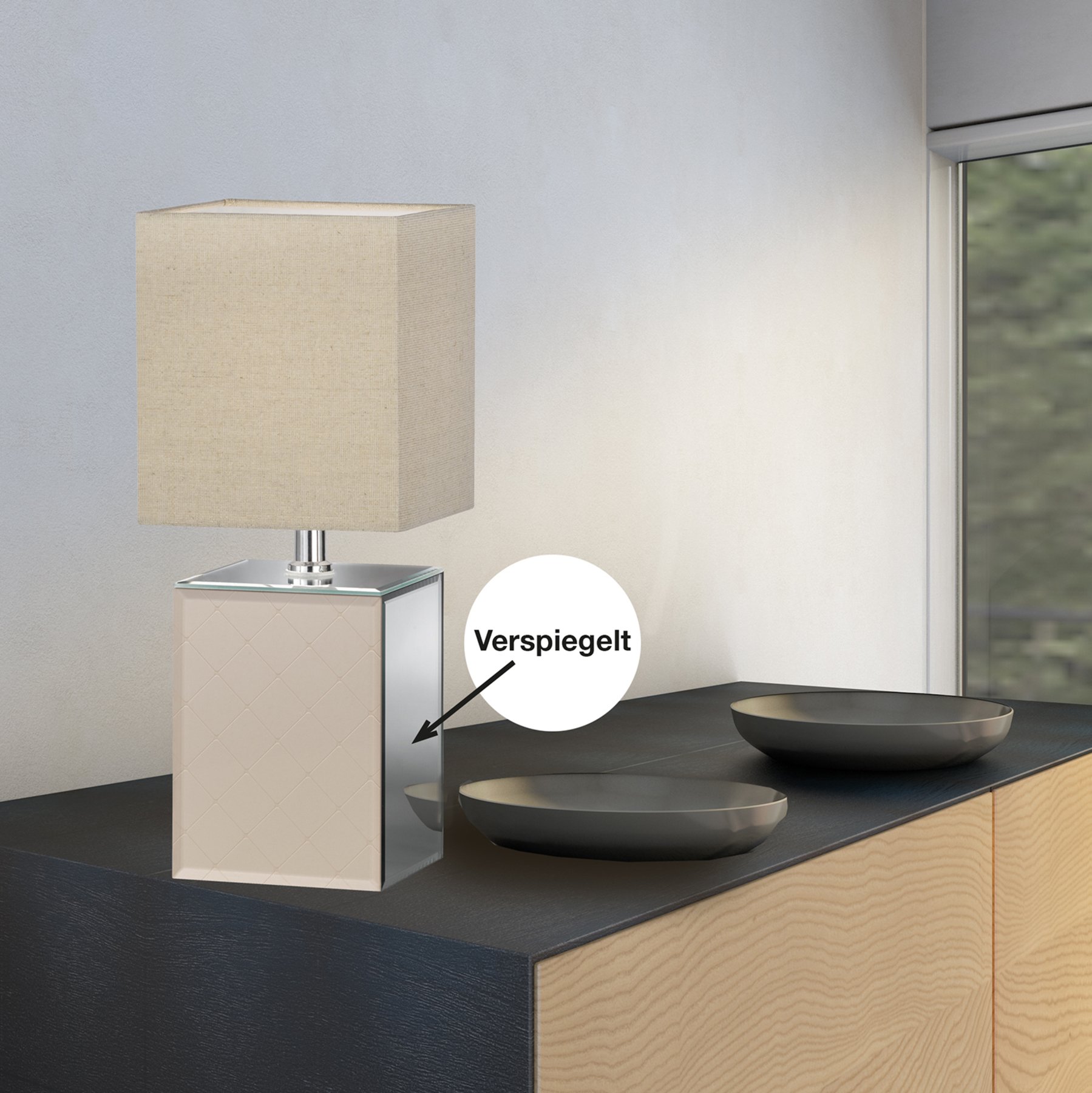 Fischer & Honsel Bert table lamp with a glass base, 35 cm, for Living / Dining Room, glass, fabric, E14, 40 W, energy efficiency: A++, L: 14 cm, W: 14 cm, H: 35 cm
