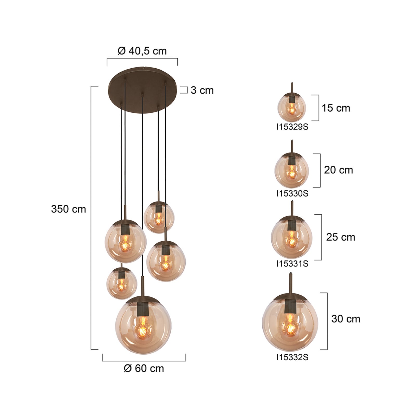 Suspension Bollique, marron/ambre, verre, à 5 lampes