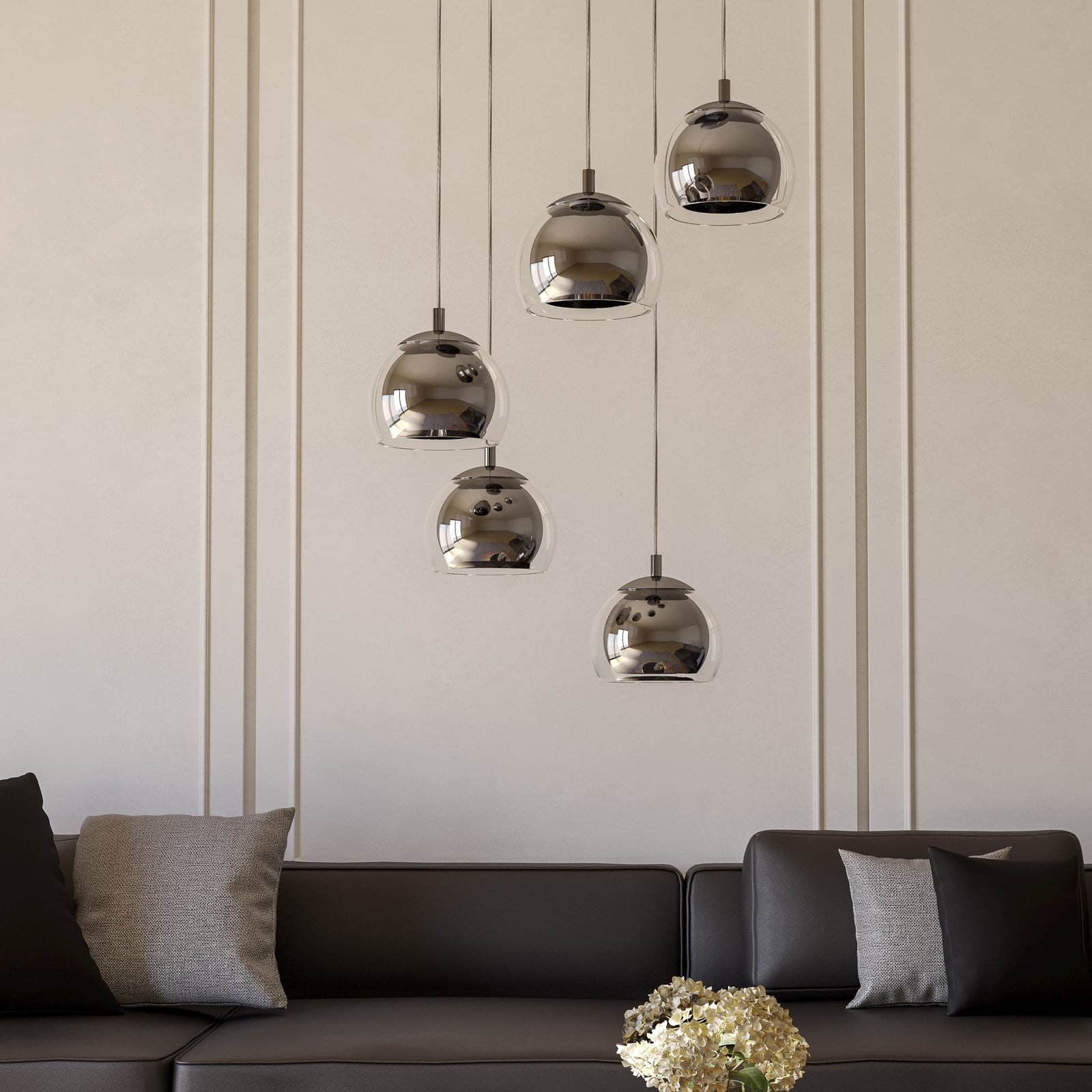 Hængelampe Rocamar 1, krom, Ø 59 cm, 5 lyskilder, metal/glas