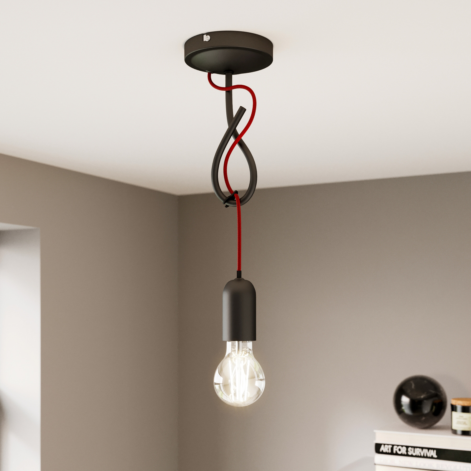Lucande Jorna függő lámpa, egy izzós, piros kábel