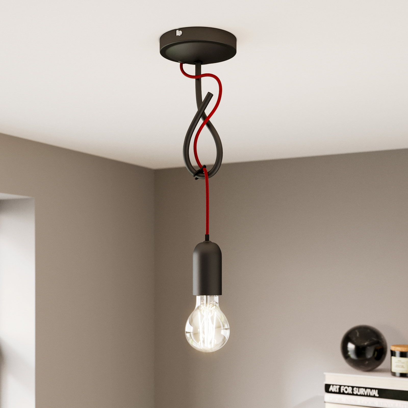 Lucande Jorna hanging light, one-bulb, red cable