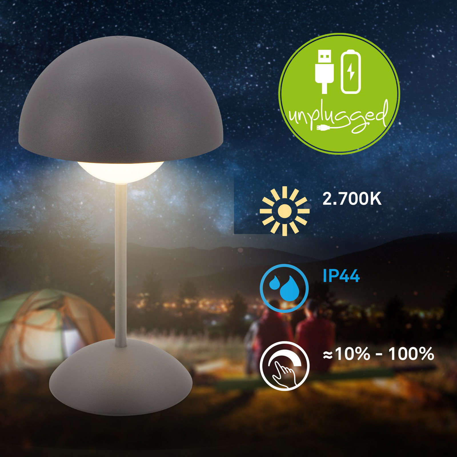 LED rechargeable table lamp Kugle, anthracite, metal, IP44, dimmable.