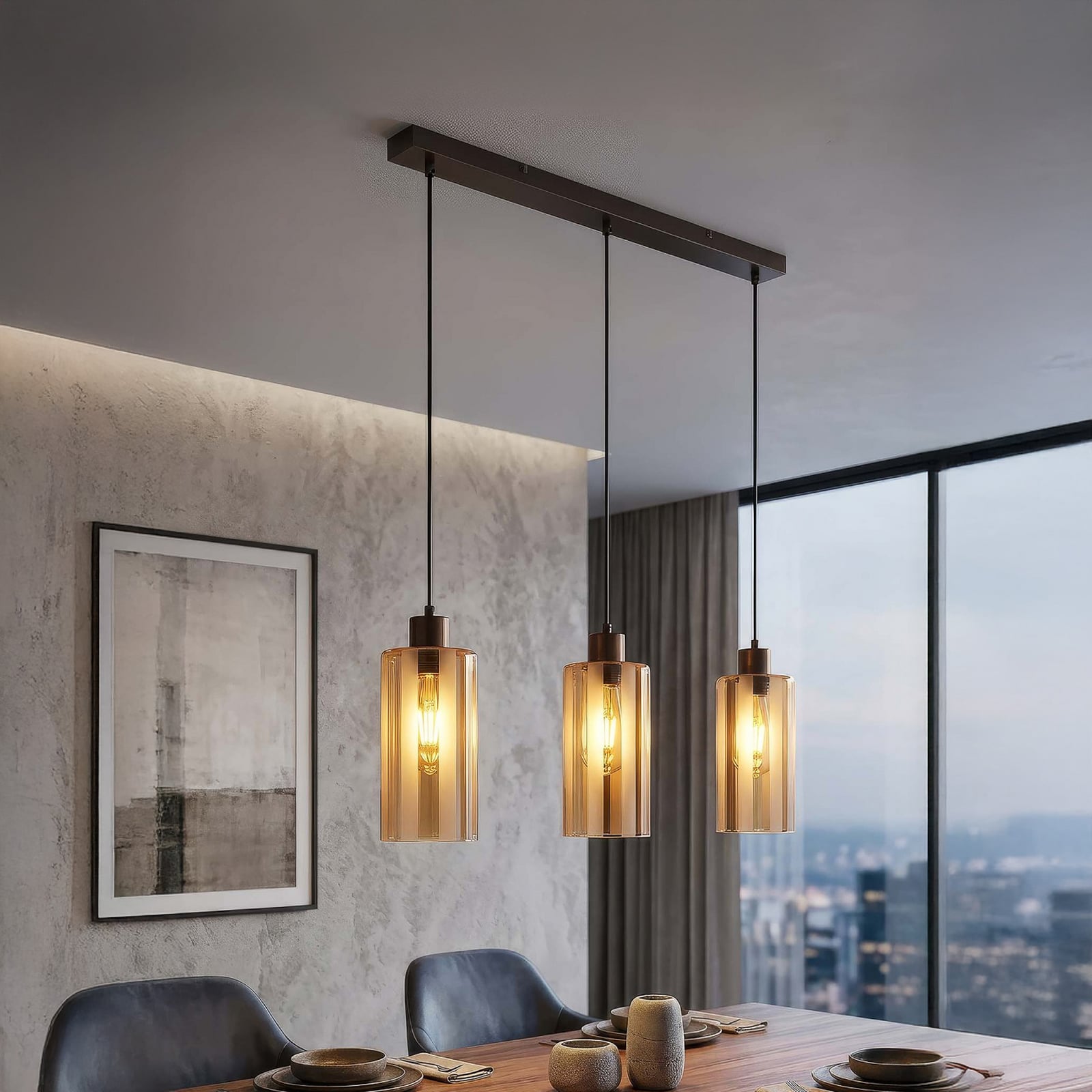 Hängeleuchte Kent, dreiflammig lang, bronze, Glas, E27