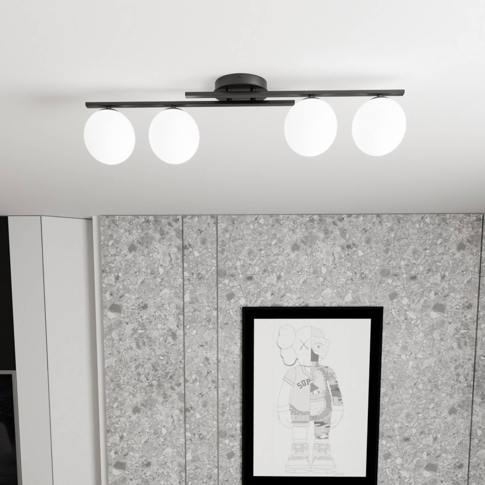 Lampa sufitowa Kairo, czarna/opalowa, długość 87 cm, 4-punktowa.