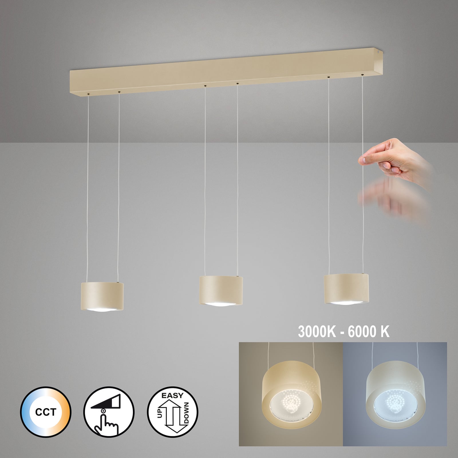 LED-Hängelampe Tarano, sandfarben, Länge 100 cm, Metall, CCT LED-Hängelampe Tarano, sandfarben, Länge 100 cm, Metall, CCT