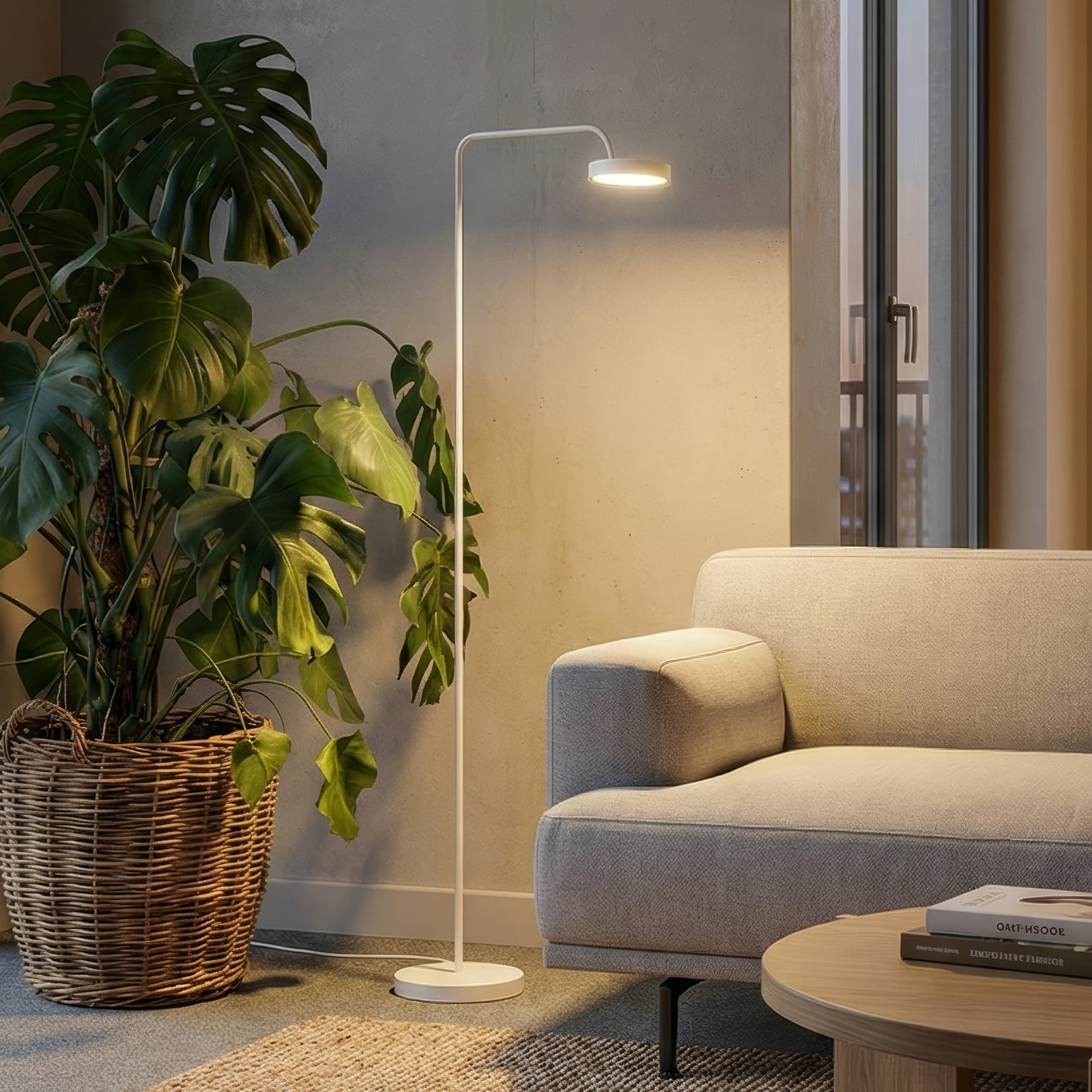 Nivo LED-golvlampa, vit, h&ouml;jd 120 cm, 50&deg; dimmer &ndash; Sigor - Vardagsrum - Modern - Aluminium - Med en ljusk&auml;lla