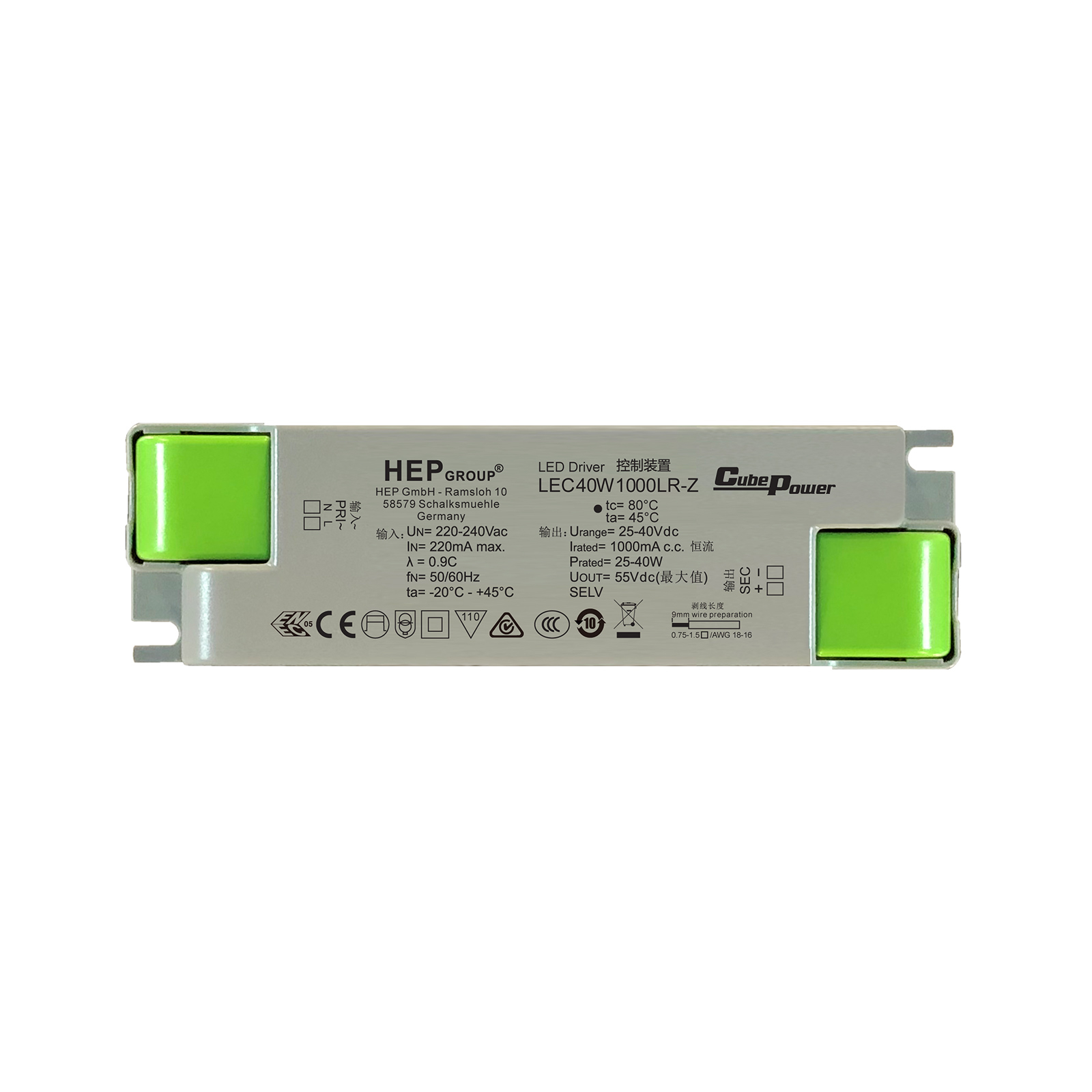 HEP LED driver LEC, 40 W, 1000 mA, CC, plastic, L: 14.5 cm, W: 4 cm, H: 3 cm