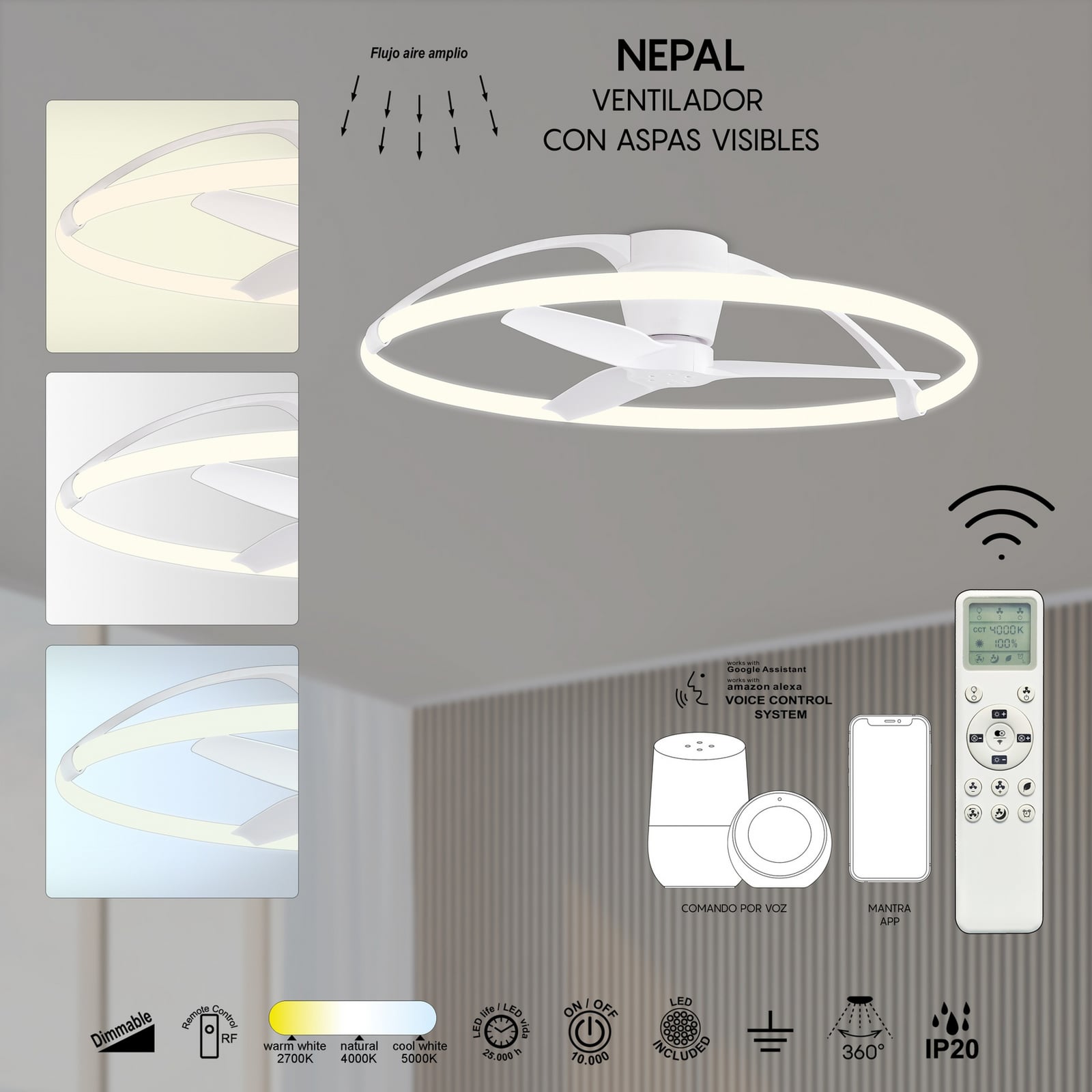 Smart LED-takvifte Nepal, hvit, likestrøm, stillegående Smart LED-takvifte Nepal, hvit, likestrøm, stillegående
