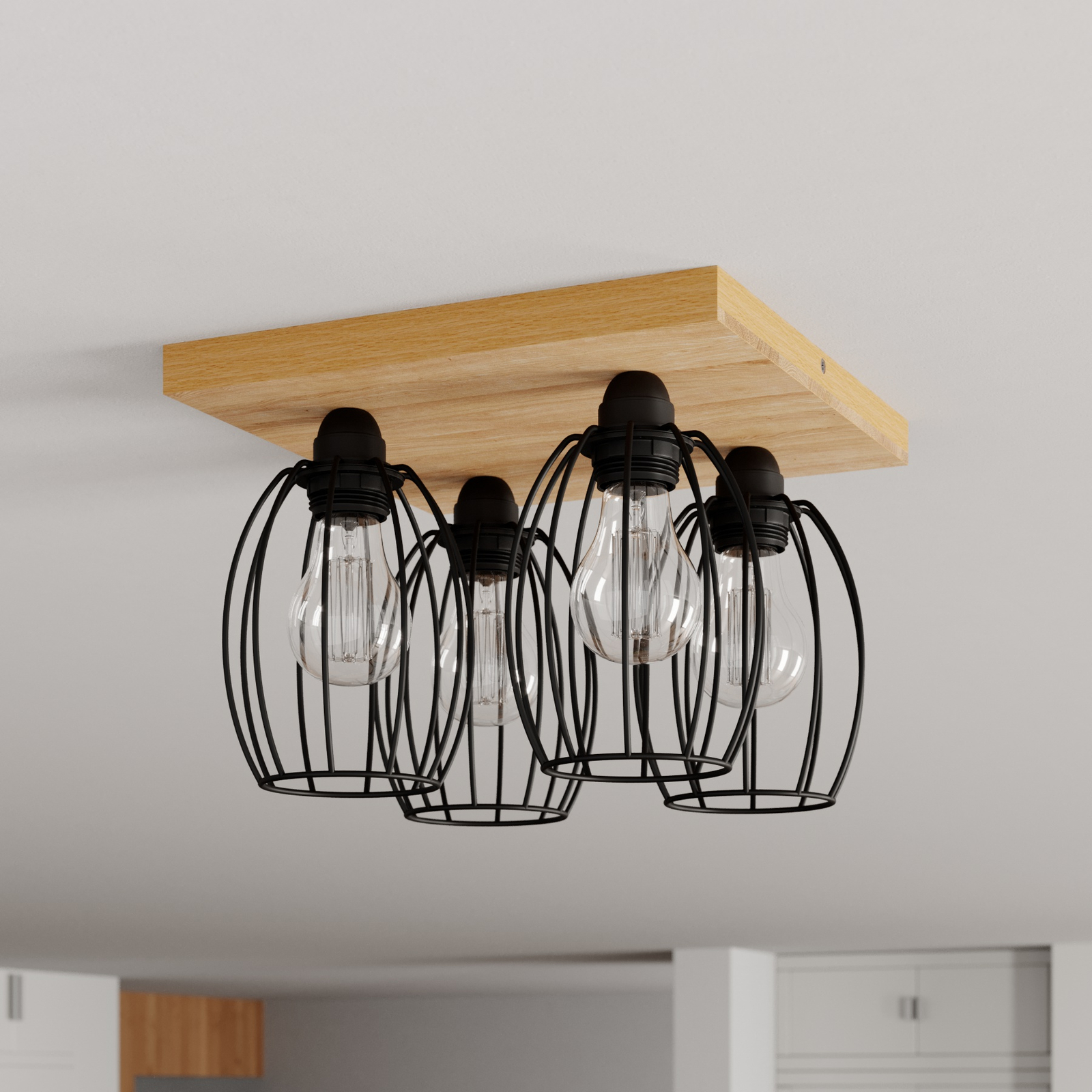 Plafondlamp Beevly, hout en metaal, 4-lamps