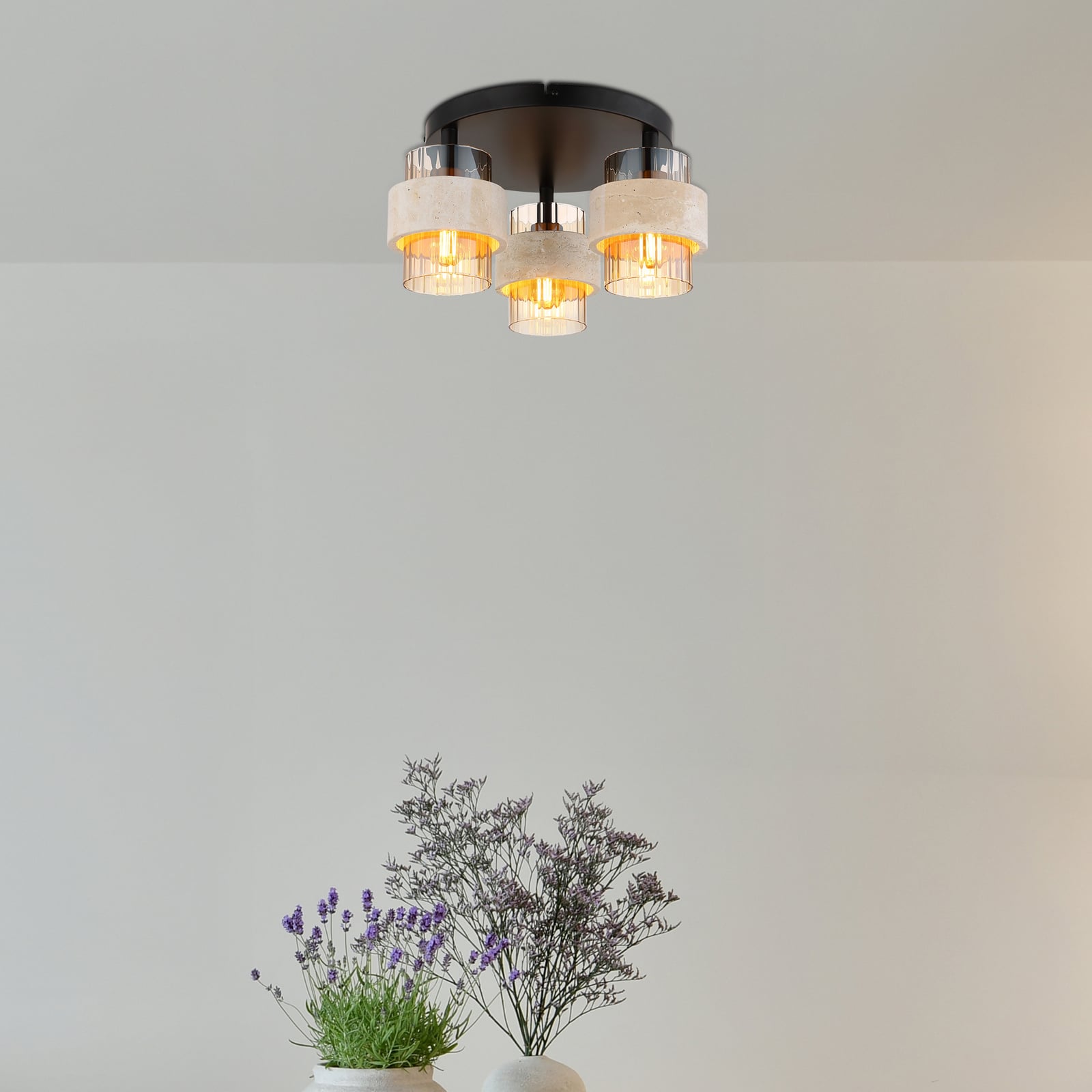 Plafondlamp Daren, 3-lamps, beige/amber/zwart, Ø 38 cm, E27 Plafondlamp Daren, 3-lamps, beige/amber/zwart, Ø 38 cm, E27