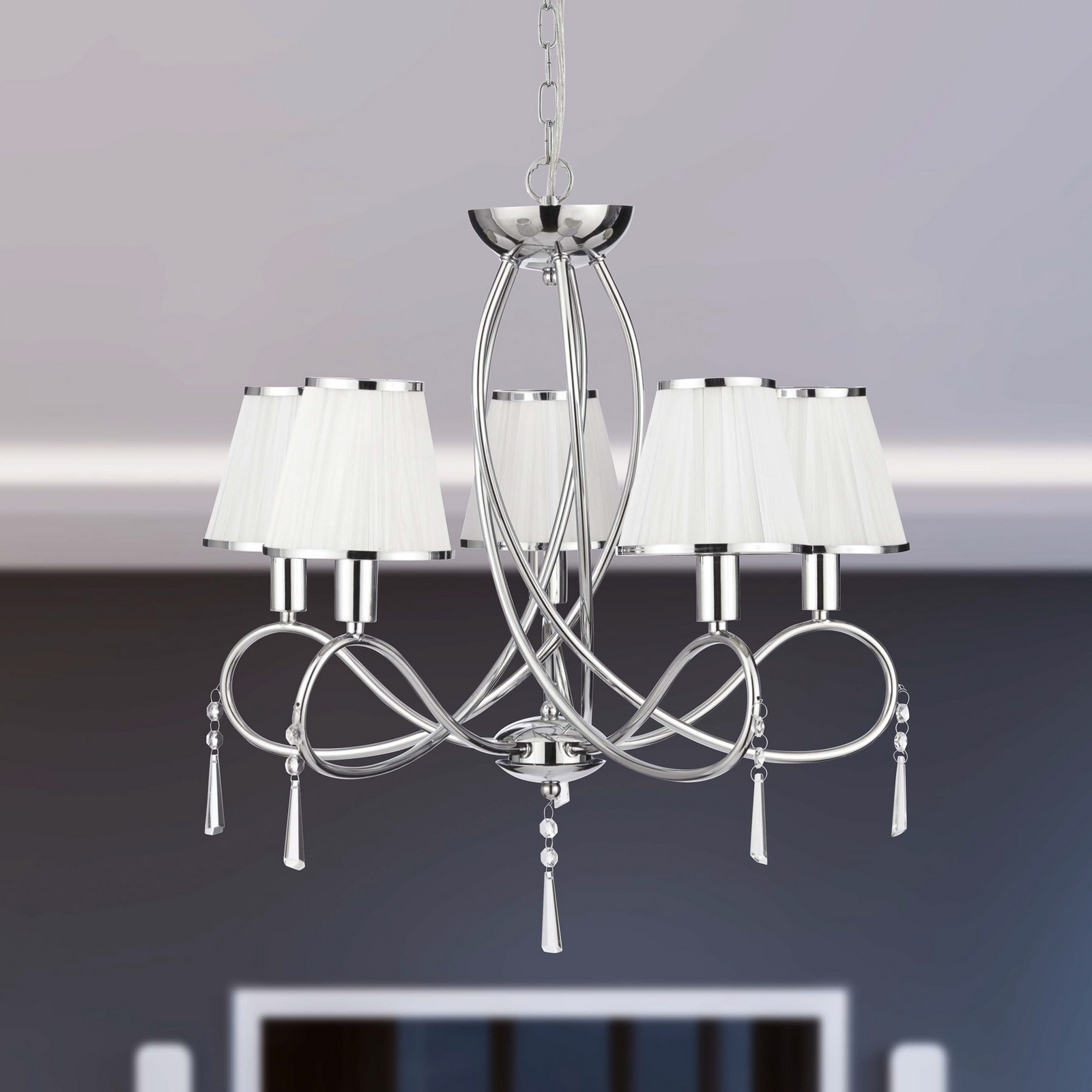 Searchlight Candelabru Simplicity 5 becuri tesatura crom/alb E14 - Camera de zi / sufragerie - modern - crom alb - Țesătură / Textil