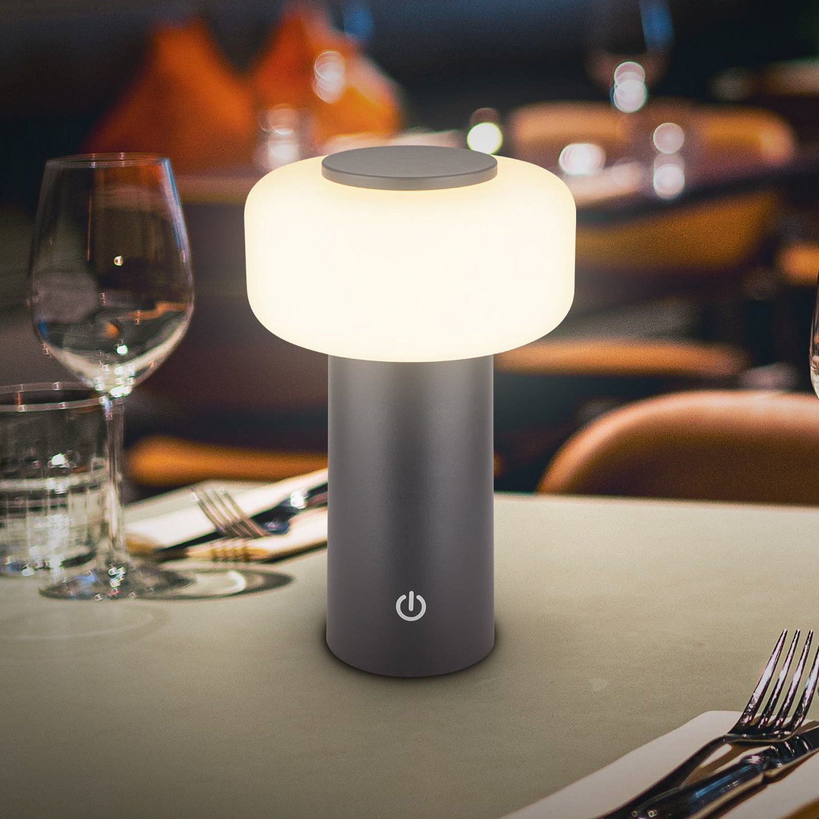 LED stolová lampa Juna, antracitová, IP44, stmievateľná, 20 cm