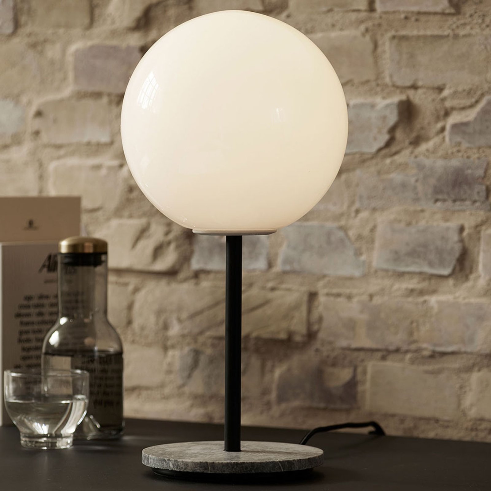 MENU Menu TR Bulb DTW table 41 cm marble/glossy opal, for Living / Dining Room, coated steel, opal glass, marble, E27, 6 W, energy efficiency: A+, H: 41 cm