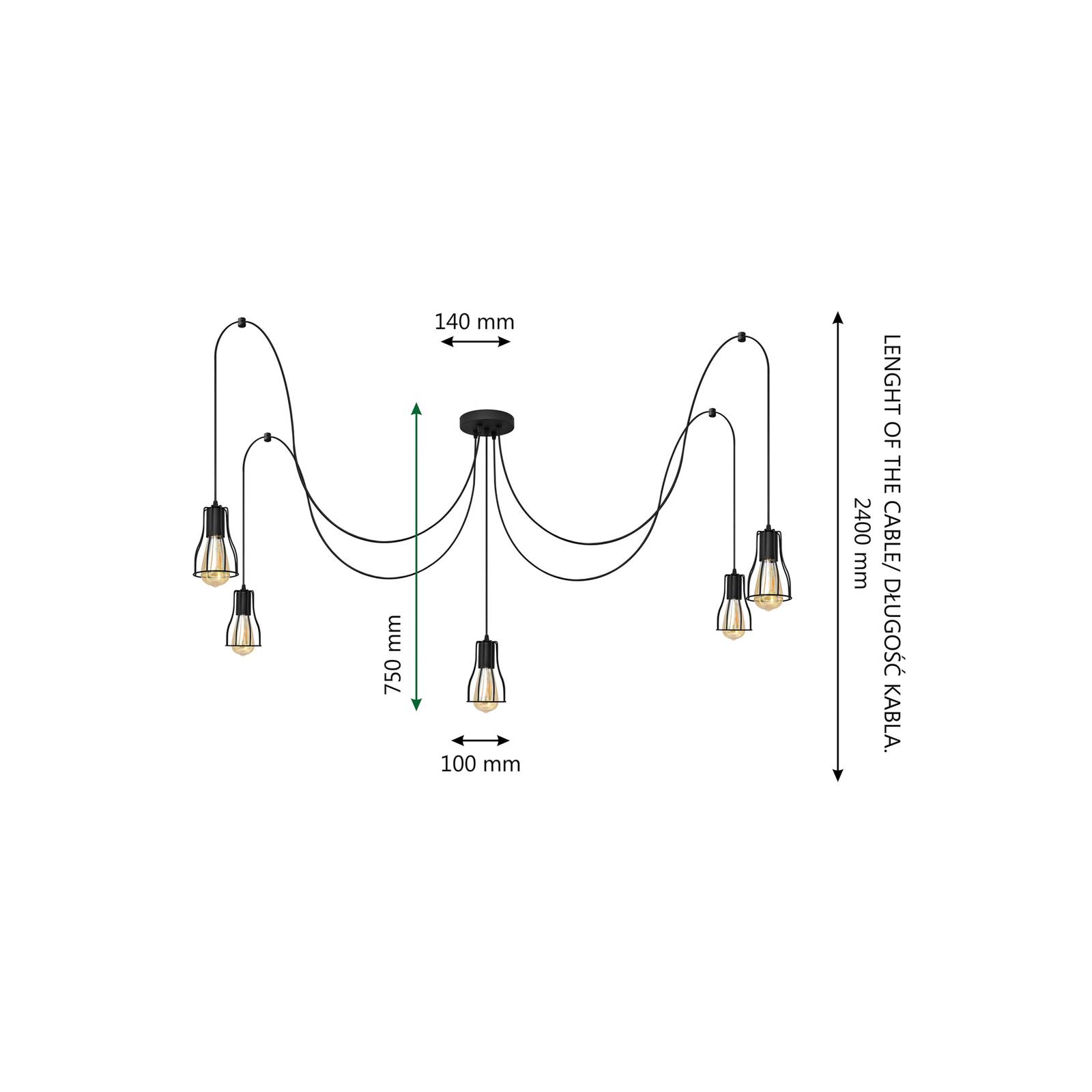 Lampa wisząca Tube Long, czarna, metalowa, 5-punktowa, E27