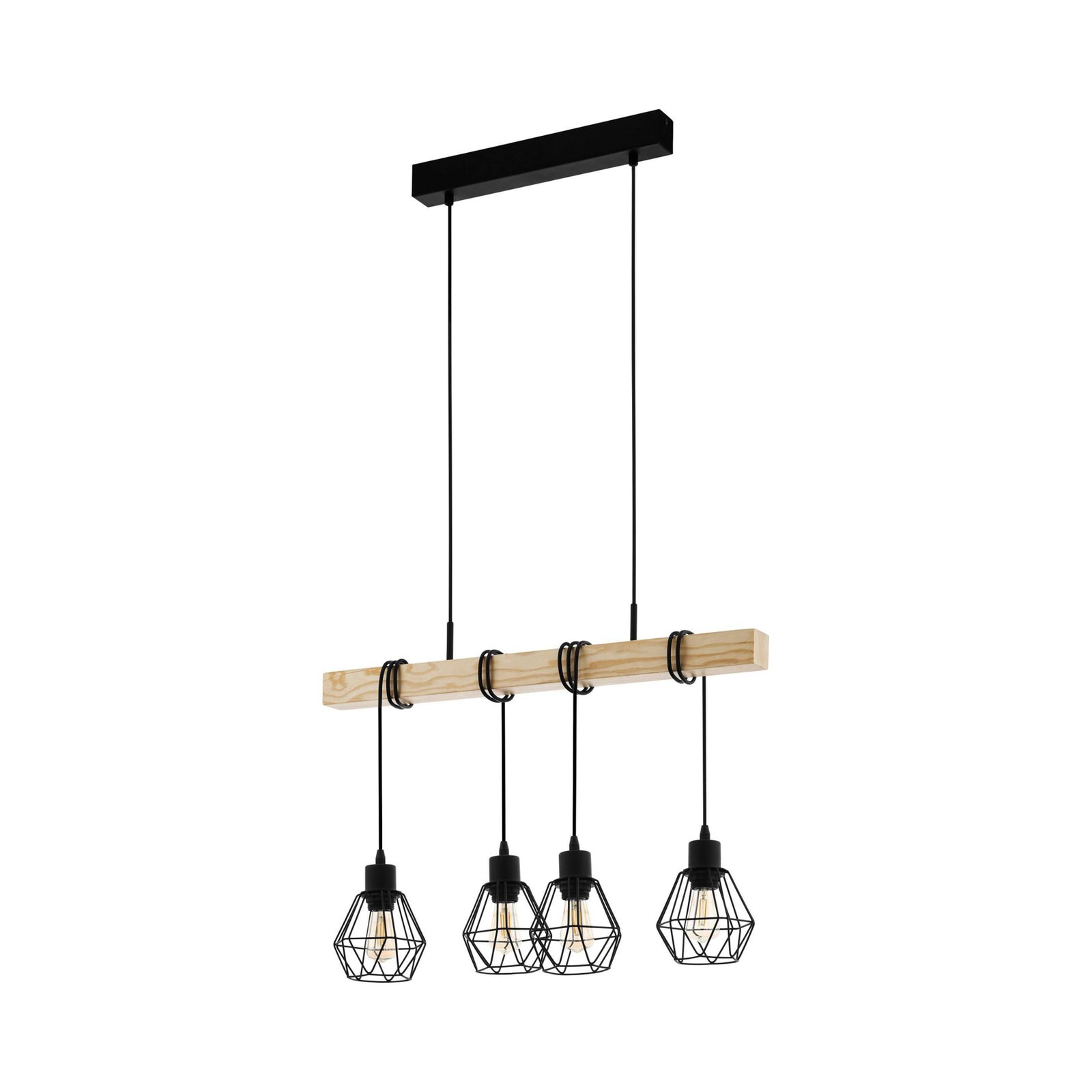 Townshend hanglamp, lengte 70 cm, zwart/eiken, 4-lamps.