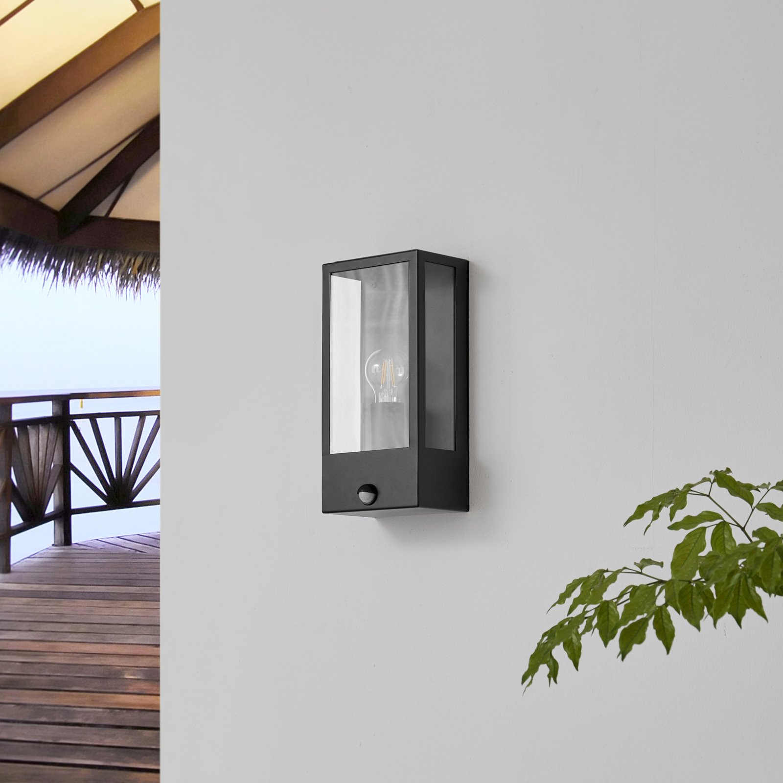 Lindby outdoor wall light Ilana, black, sensor, IP44, E27