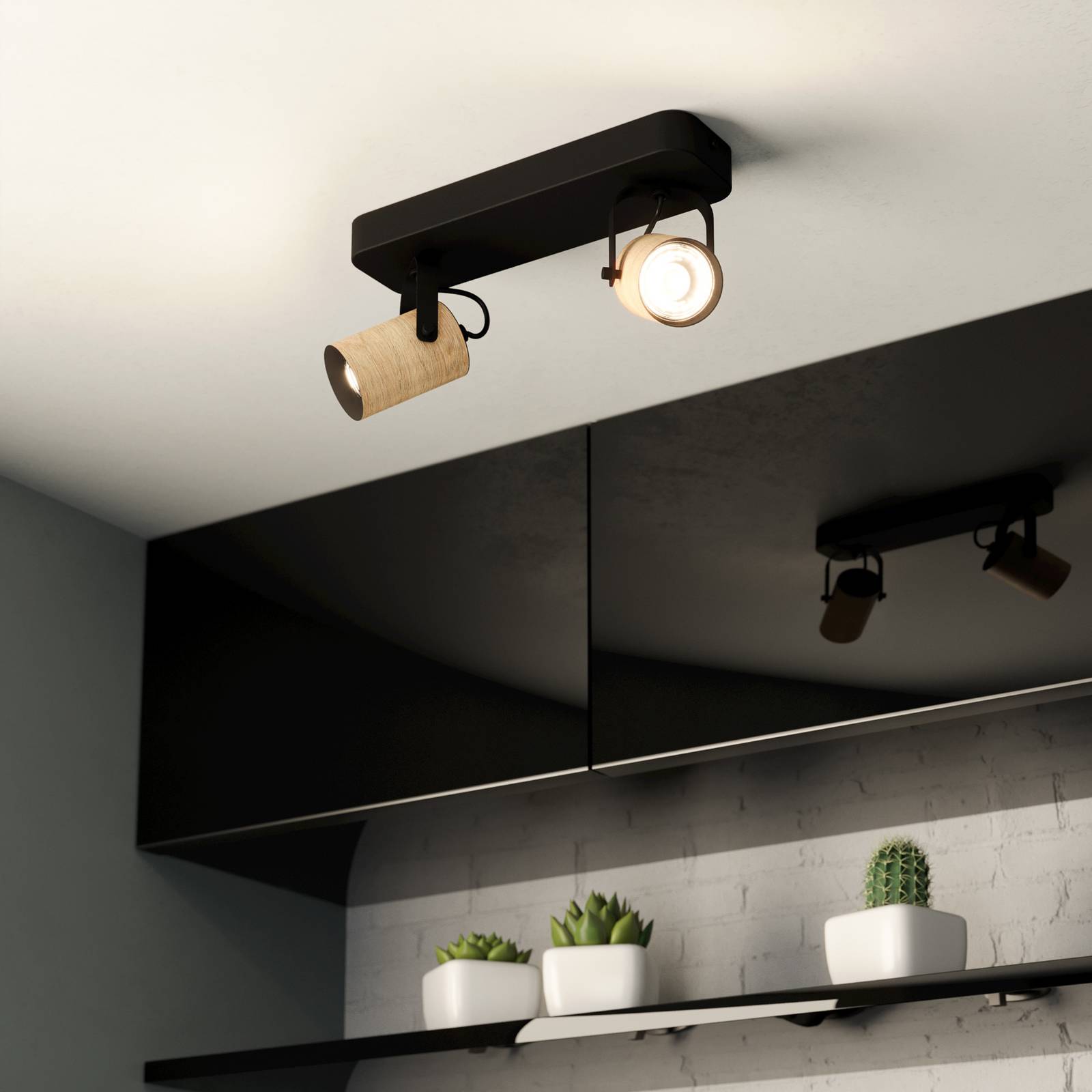 Deckenspot Cayuca, schwarz/holzdekor, zweiflammig günstig online kaufen