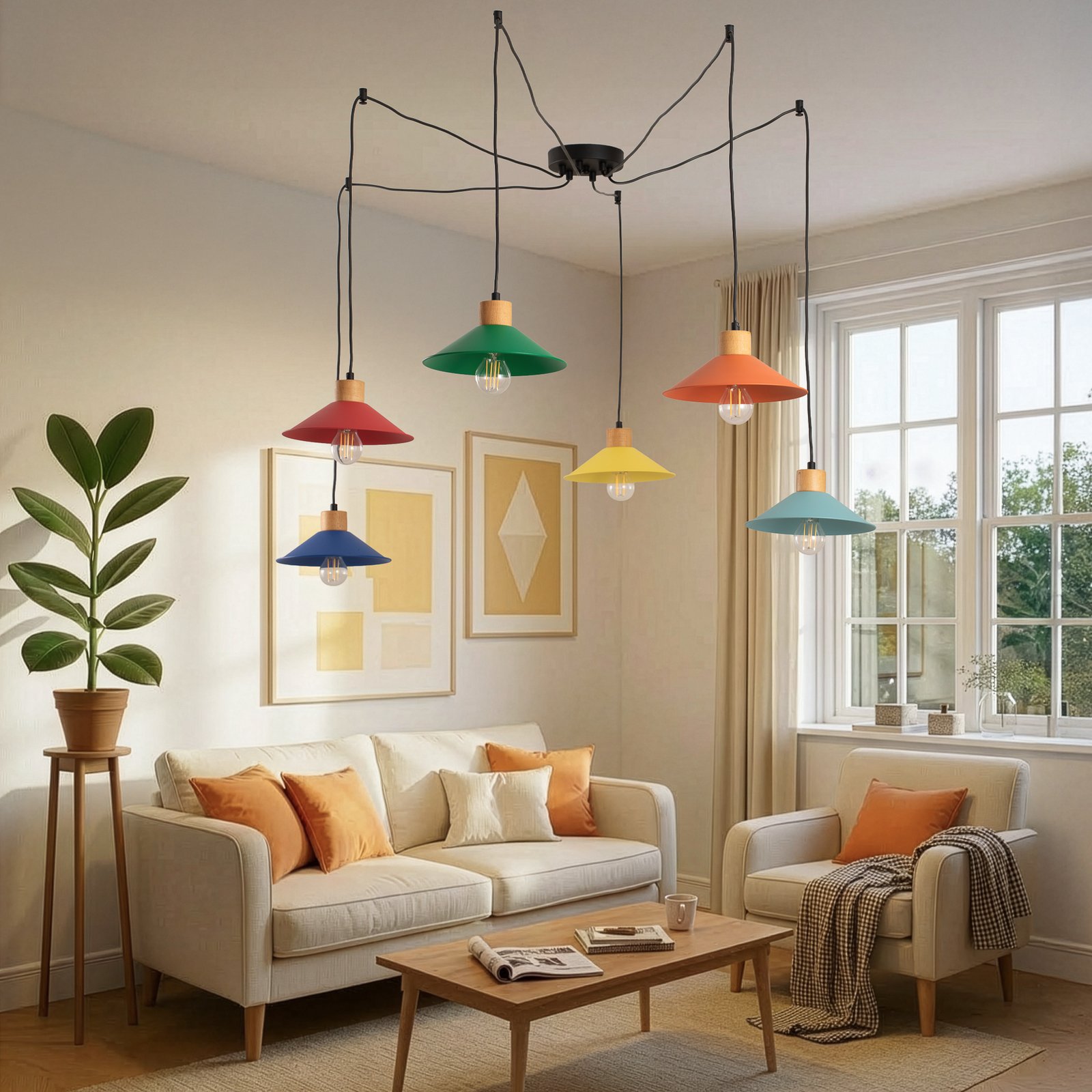 Candeeiro suspenso Manavgat, 6 lâmpadas, multicolor, comprimento 144 cm Candeeiro suspenso Manavgat, 6 lâmpadas, multicolor, comprimento 144 cm