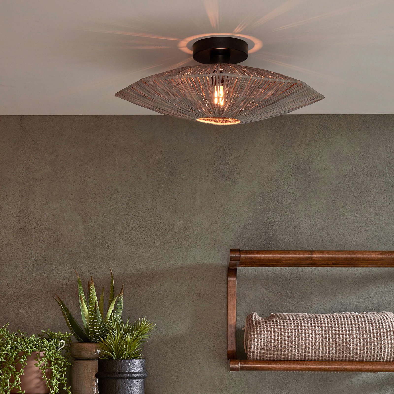 GOOD & MOJO Panama ceiling light, dark grey, Ø 45cm, raffia