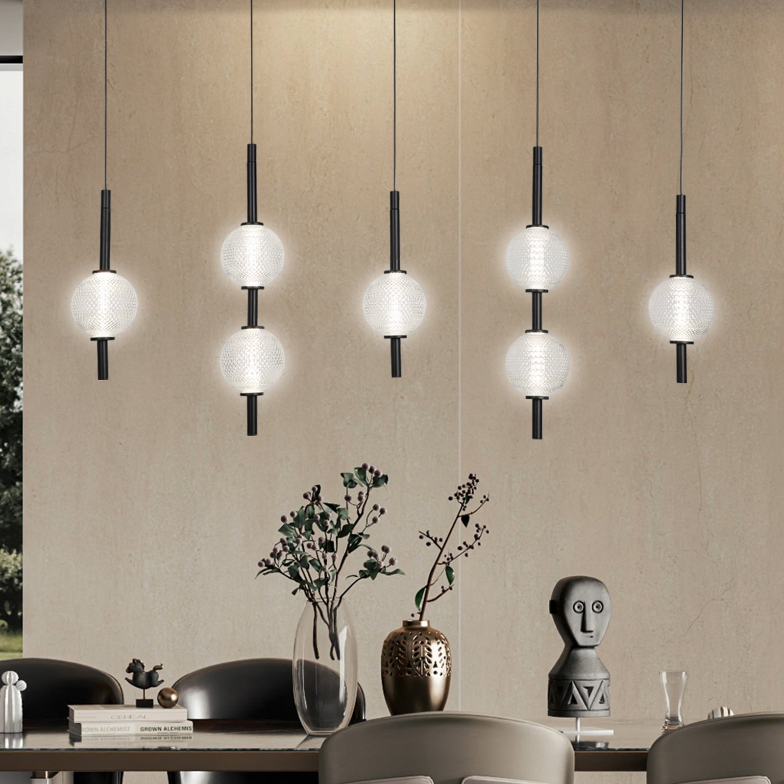 LED hanglamp Abeona, lengte 105 cm, zwart metaal, 7-lamps.