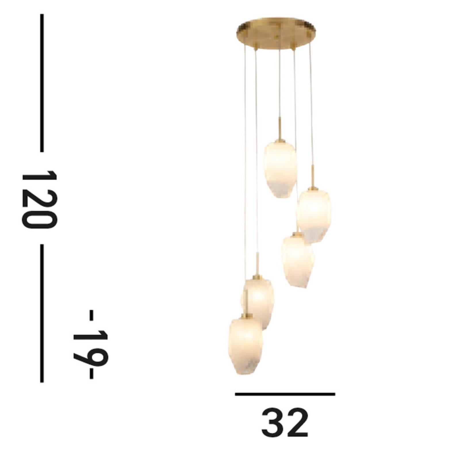 Suspension Rocky, 5 lampes, ronde, couleur laiton, acier, verre