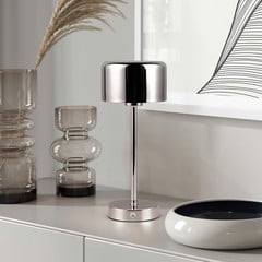 Lampada da tavolo LED Jeff ricaricabile, colore cromo, altezza 30 cm,