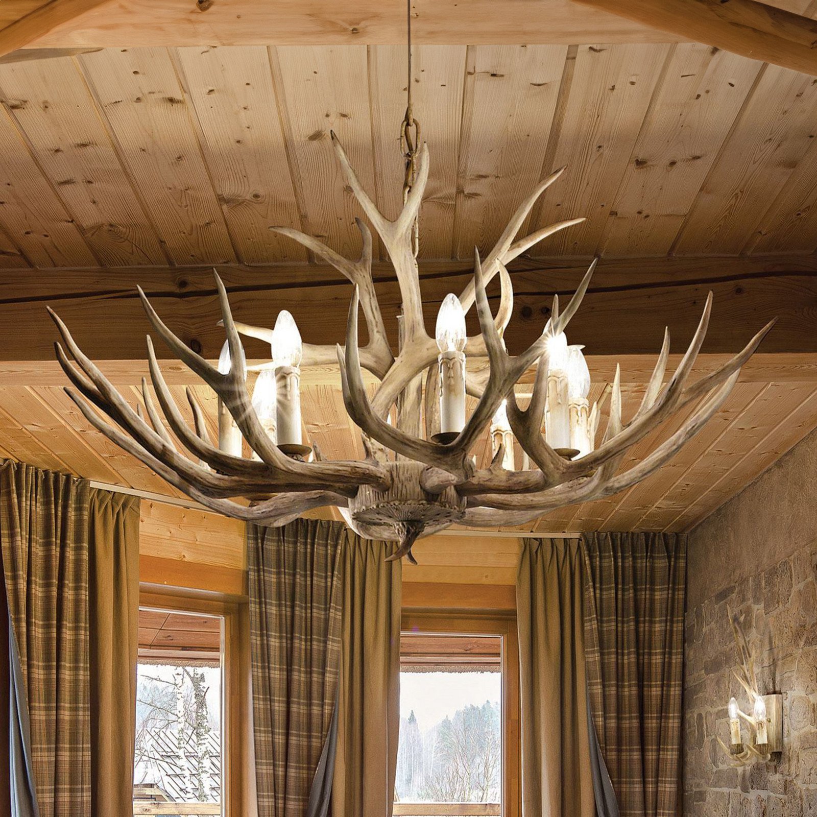 Ideallux Ideal Lux Chalet candelabru bej rășină sintetică opt lumini - Camera de zi / sufragerie - Casă de țară / Rustic - Plastic