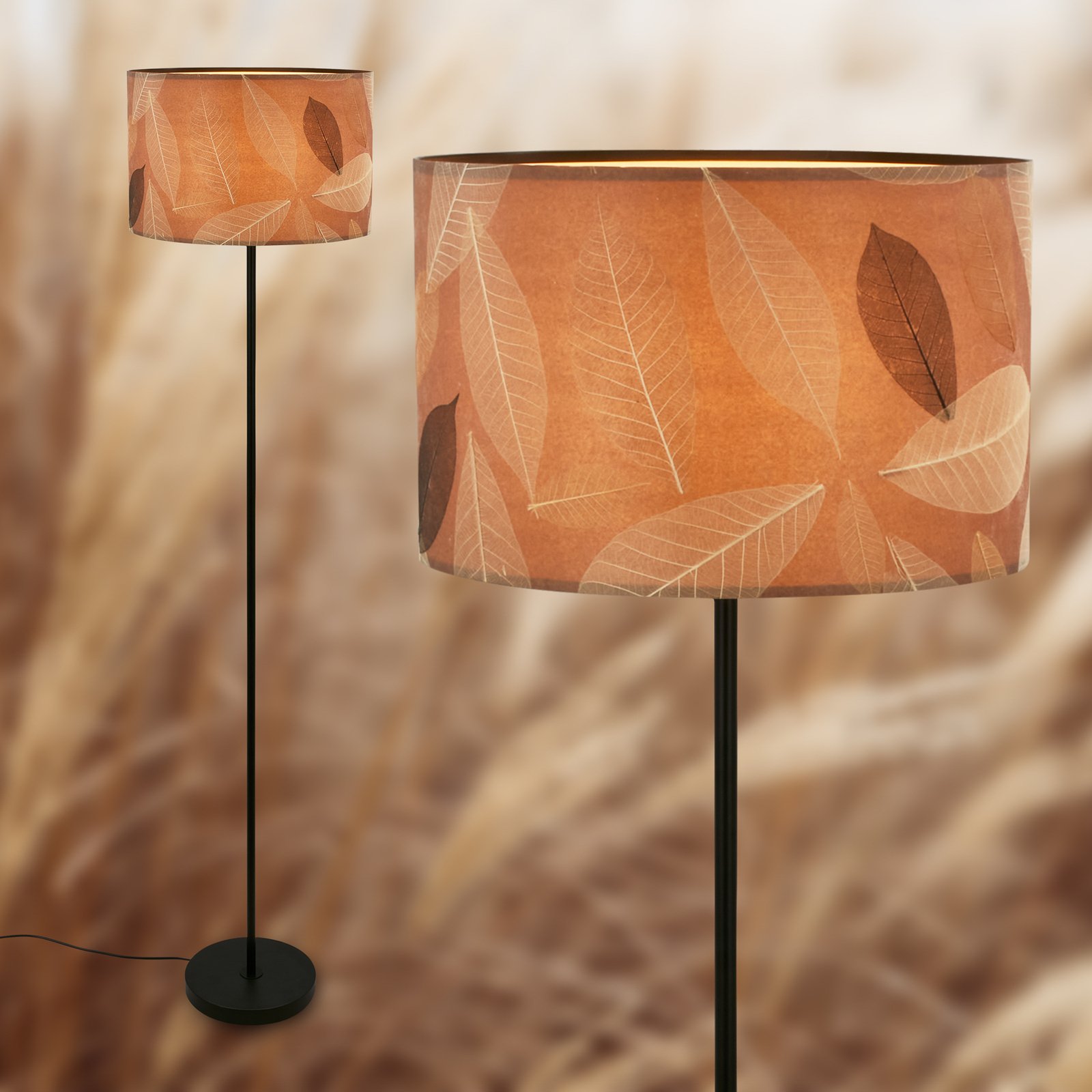 Mata floor lamp, brown, metal, fabric, E27