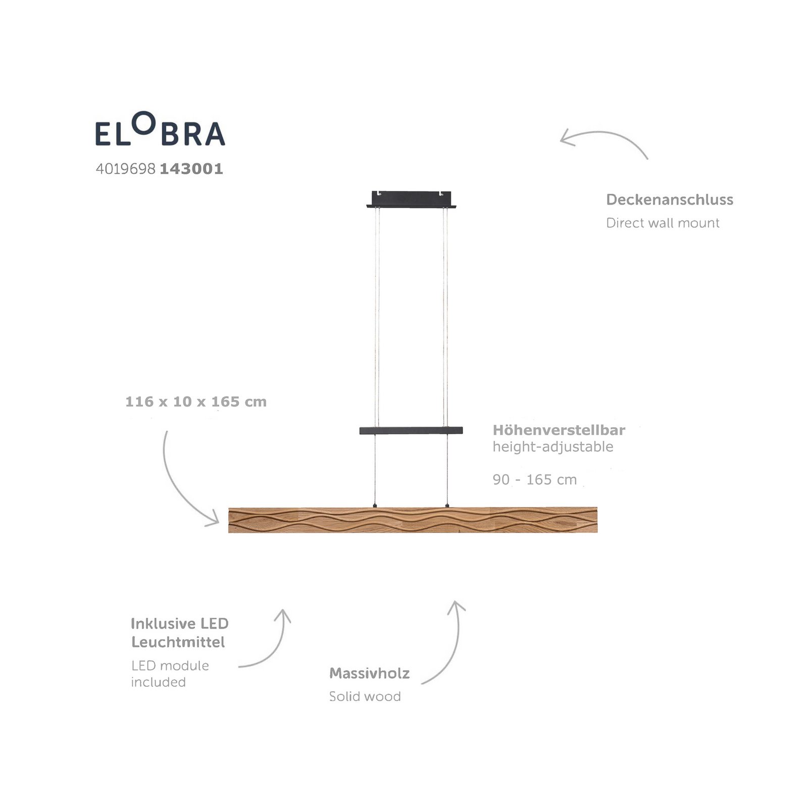 LED-riippuvalaisin Atacama, tammi/musta, puu, pituus 116 cm LED-riippuvalaisin Atacama, tammi/musta, puu, pituus 116 cm