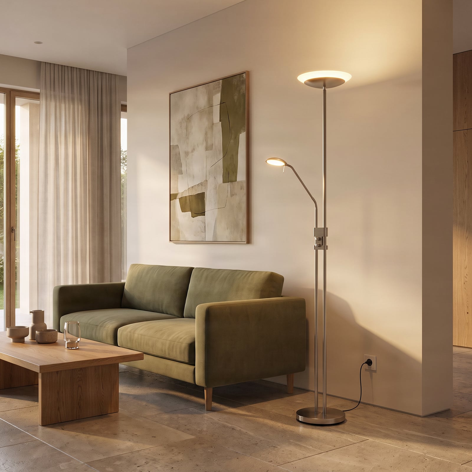 Lindby LED vloerlamp Jonne, rond, leesarm, dimbaar, 180 cm