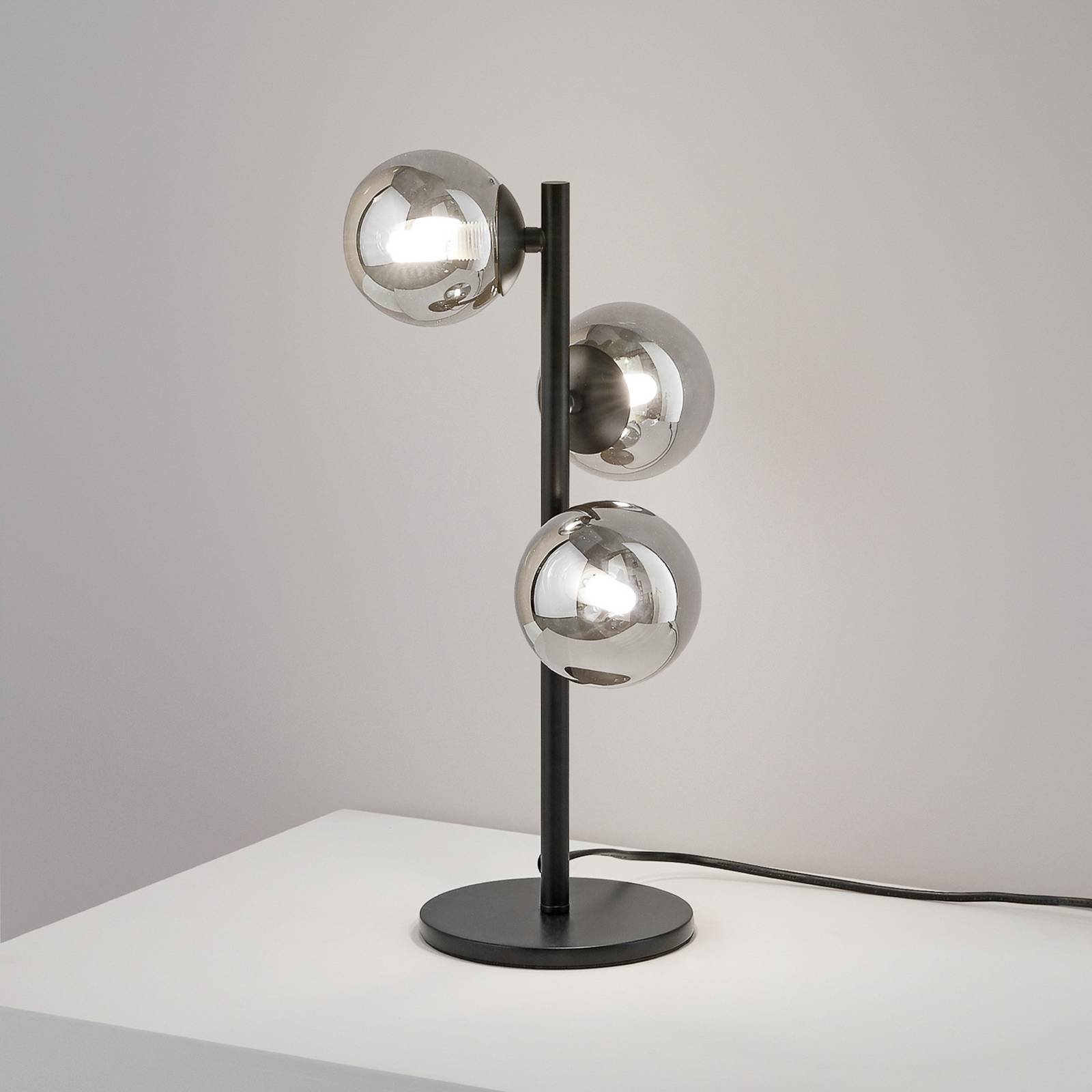 Lampa stołowa IDEAL LUX Perlage, czarna/dymnoszara, wysokość 43 cm, 3-punktowa