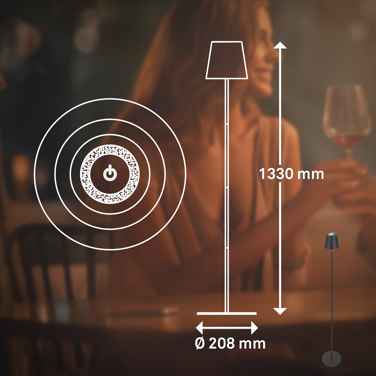 LED laetav põrandalamp Coloris, must, RGB, dimmer, IP44, USB