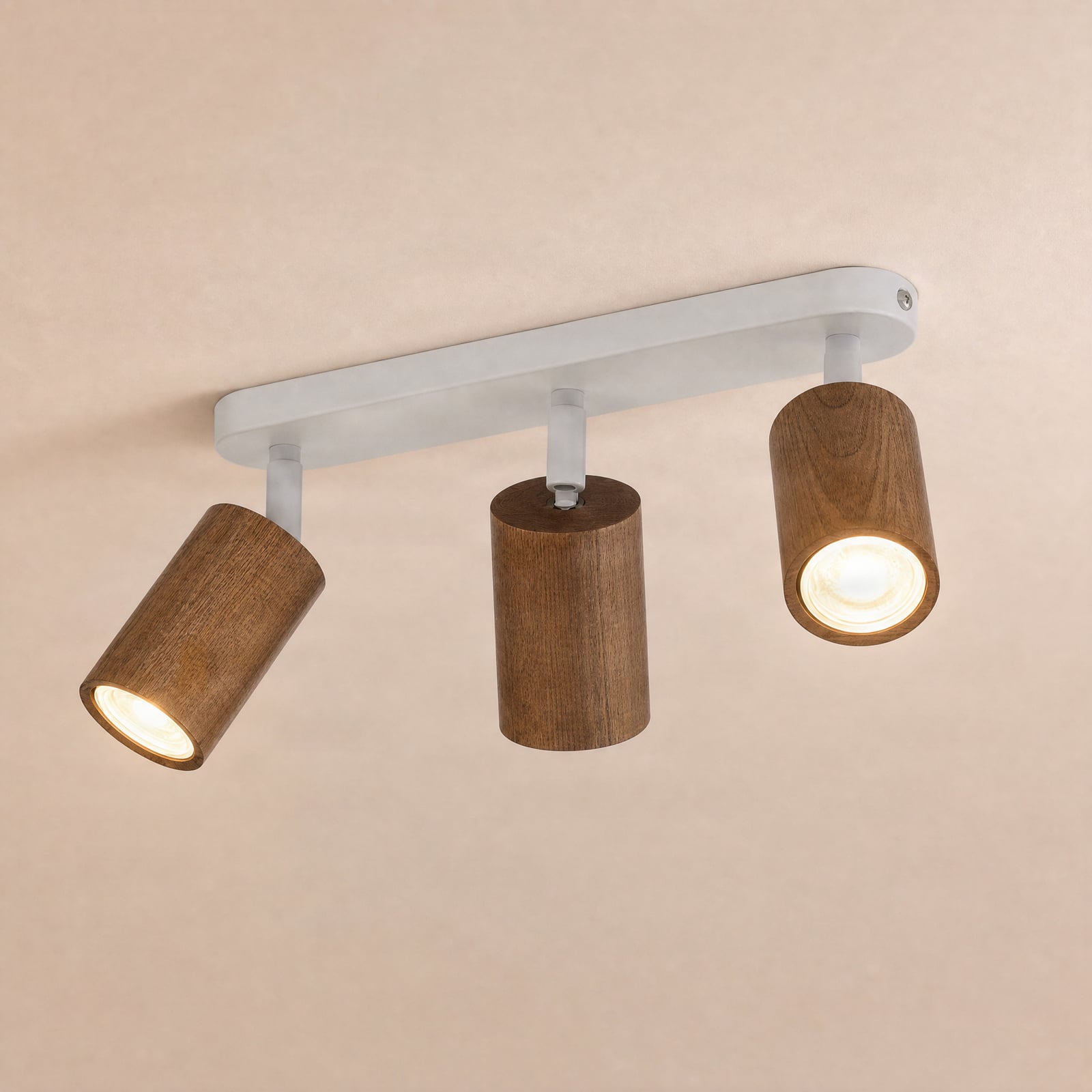 Downlight Nisse, blanco, longitud 33 cm, 3 luces, madera/metal