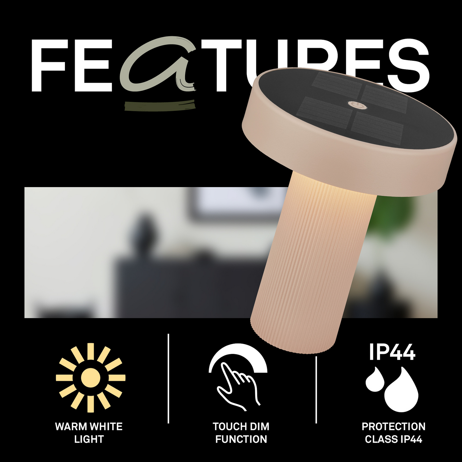 Lámpara de mesa LED solar recargable Poga, beige, plástico, IP44