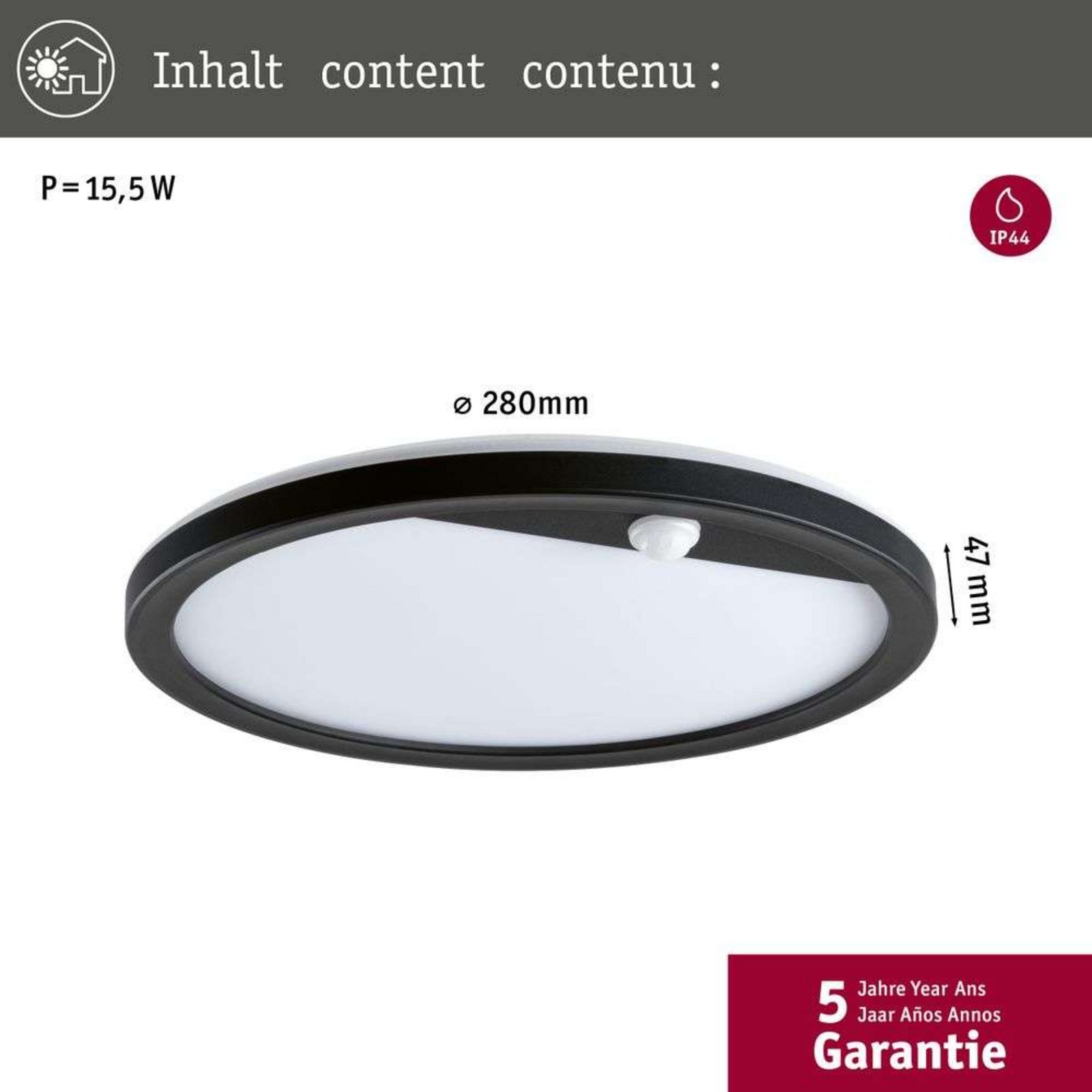 Lamina Aplică de Perete/Plafonieră de Exterior w/Sensor Round SWR Negru - Paulma