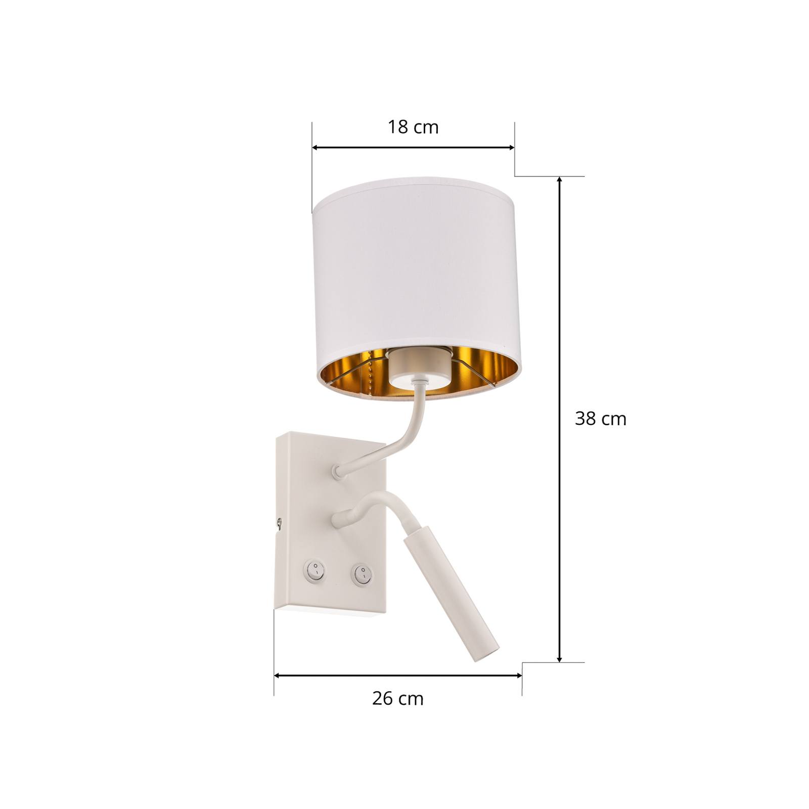 Soho vägglampa, cylindrisk, läslampa vit/guld