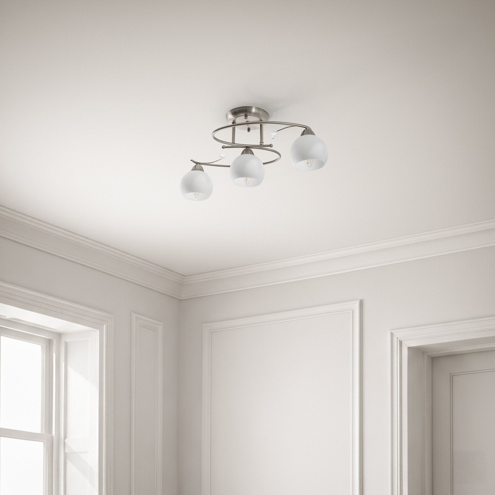 Lindby ceiling lamp Svean, 3-bulb, nickel/white, glass, length 60 cm