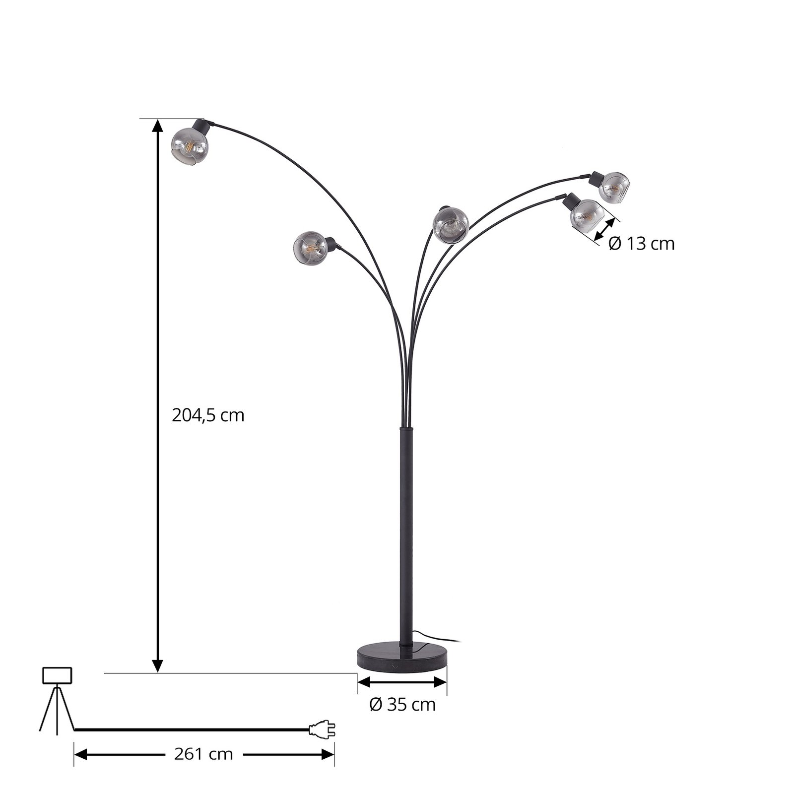 Lindby lampadaire Braccio, gris/noir, verre, 5 lampes, 204,5cm