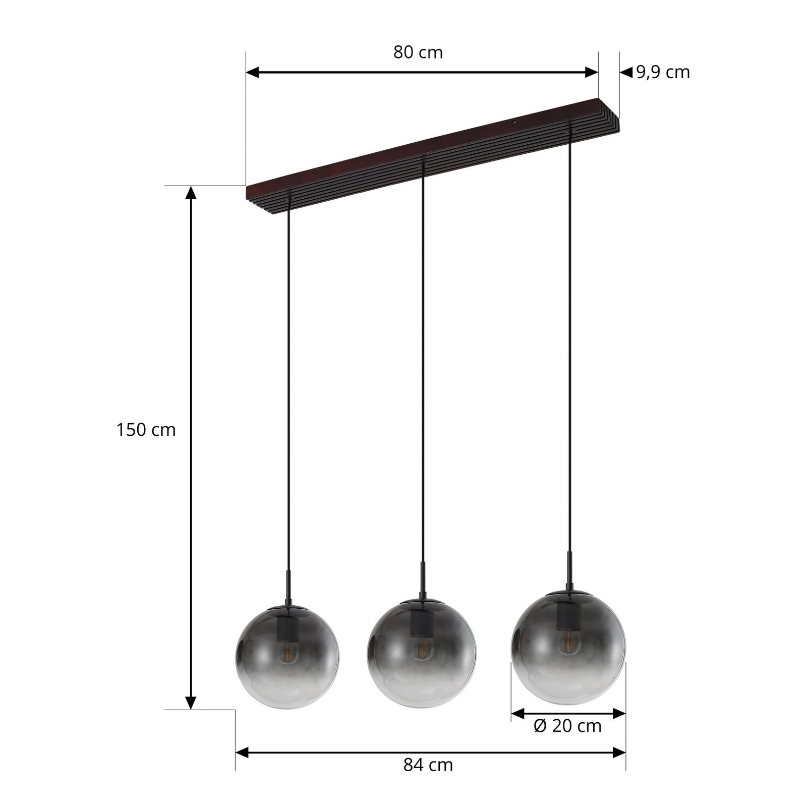 Lucande Veloura pendant light, 3-bulb, 84 cm, glass, wood