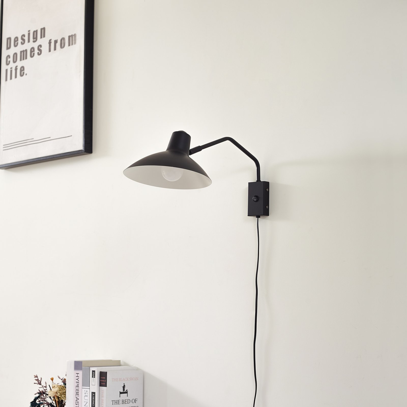 Lindby wall light Adrik, black, metal, with plug