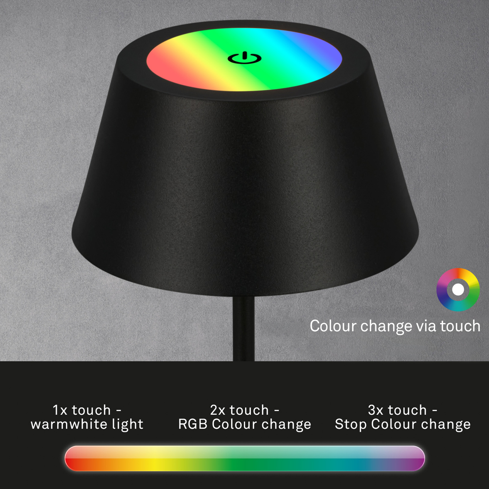 LED-es asztali lámpa Kiki újratölthető akkumulátorral RGBW, fekete
