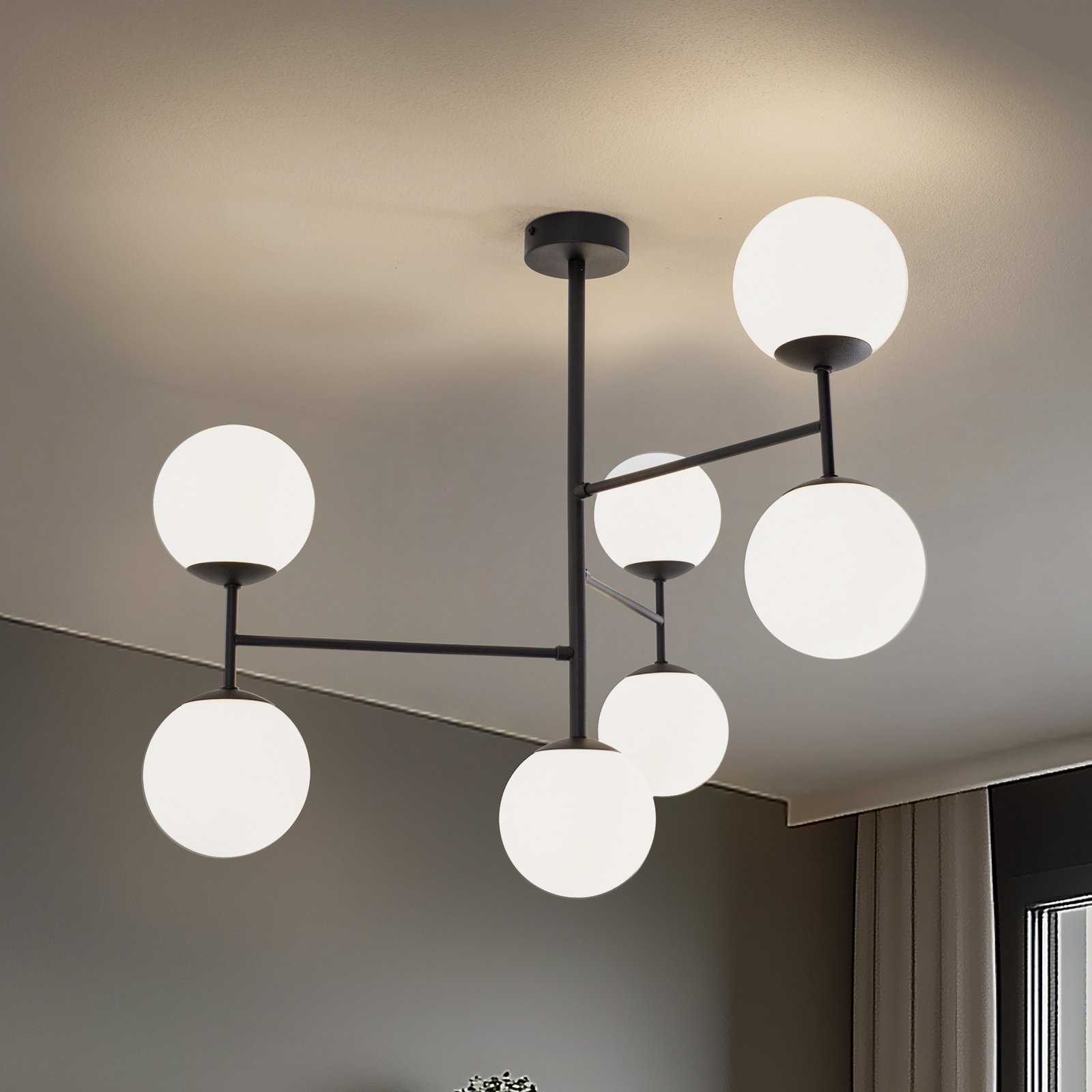 Candeeiro de teto Korek, preto/branco, vidro, 75 cm, 7 lâmpadas, E14