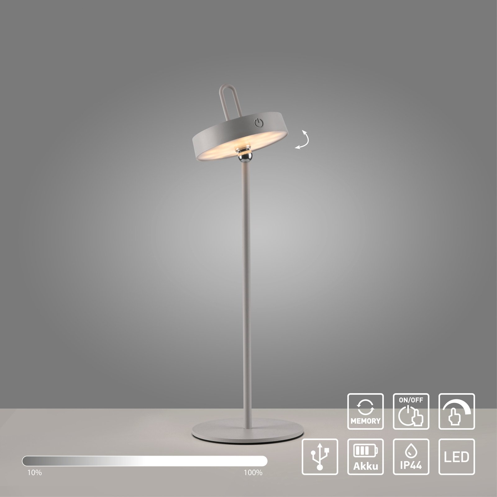 JUST LIGHT. LED uzlādējama galda lampa Amag pelēka bēša dzelzs IP44