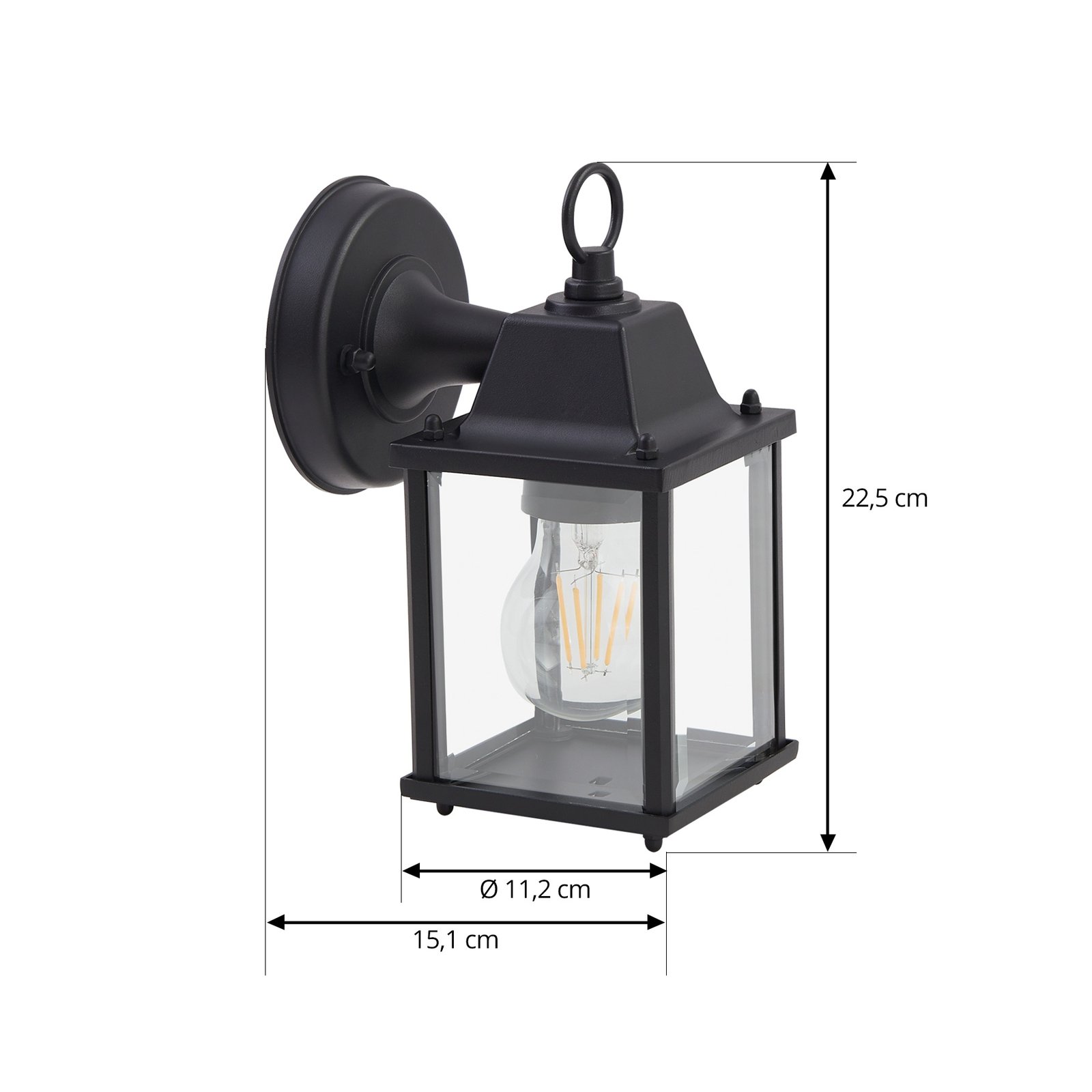 Lindby buitenwandlamp Rurik, zwart, glas, aluminium, E27