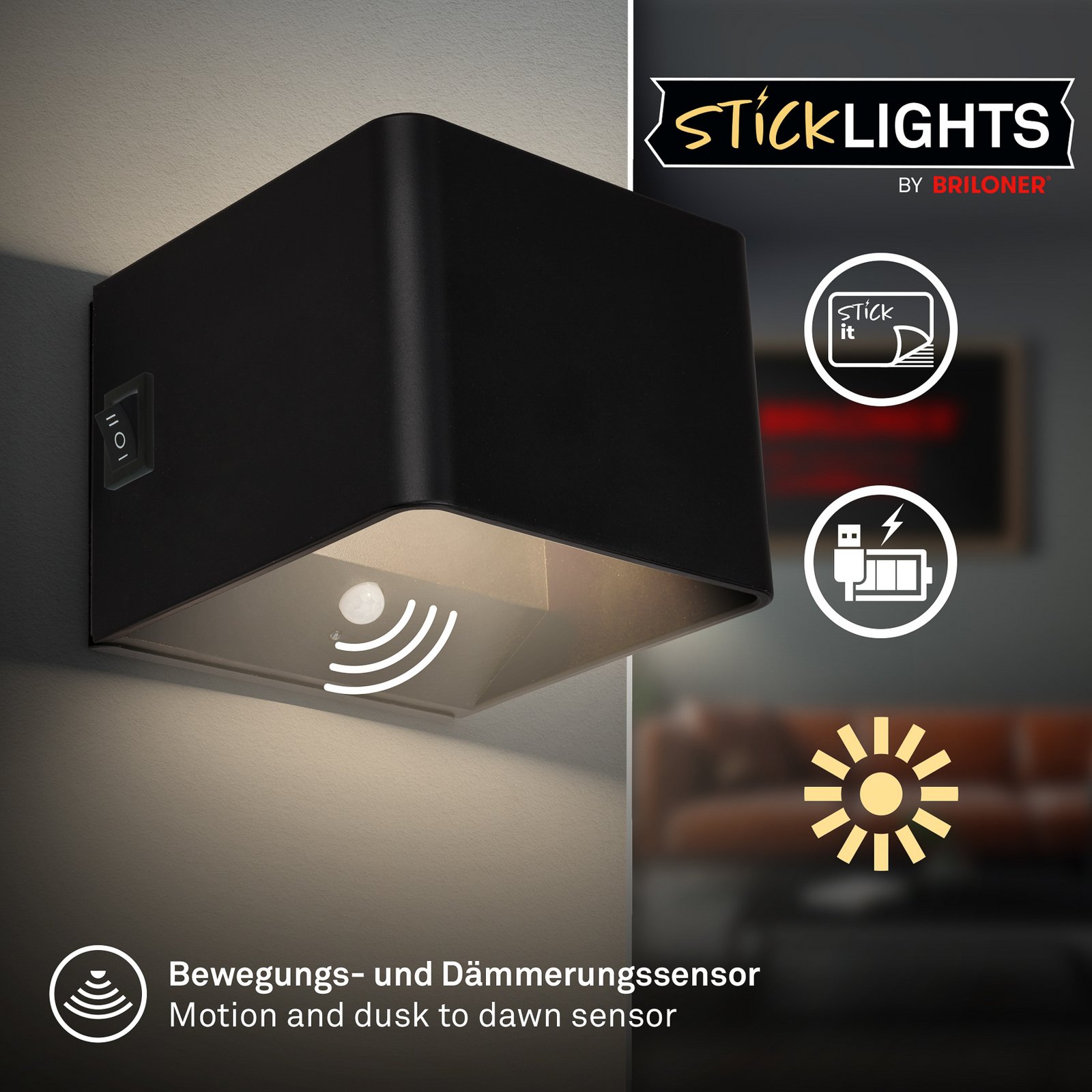 LED wandlamp op accu Barro, zwart Breedte 8 cm Metaal, sensor