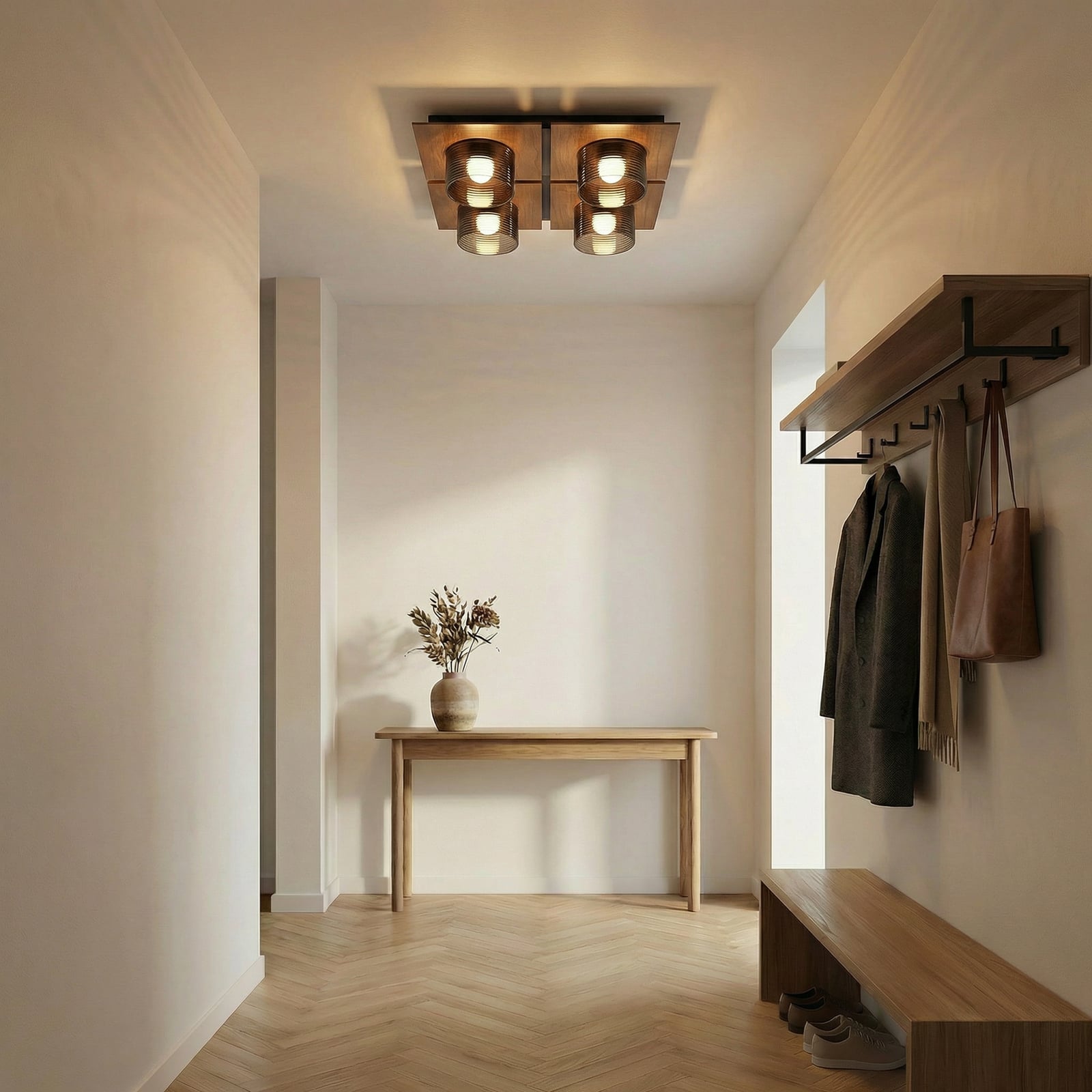 Eiko LED ceiling light, walnut/smoke grey, glass, 42 cm, angular - Lucande