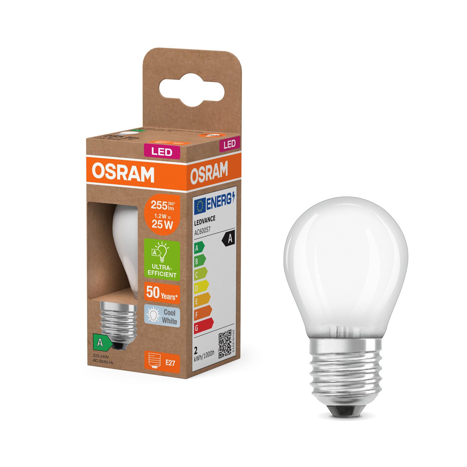 OSRAM LED lemputė lašas E27 1,2W matinė 4000K 255lm