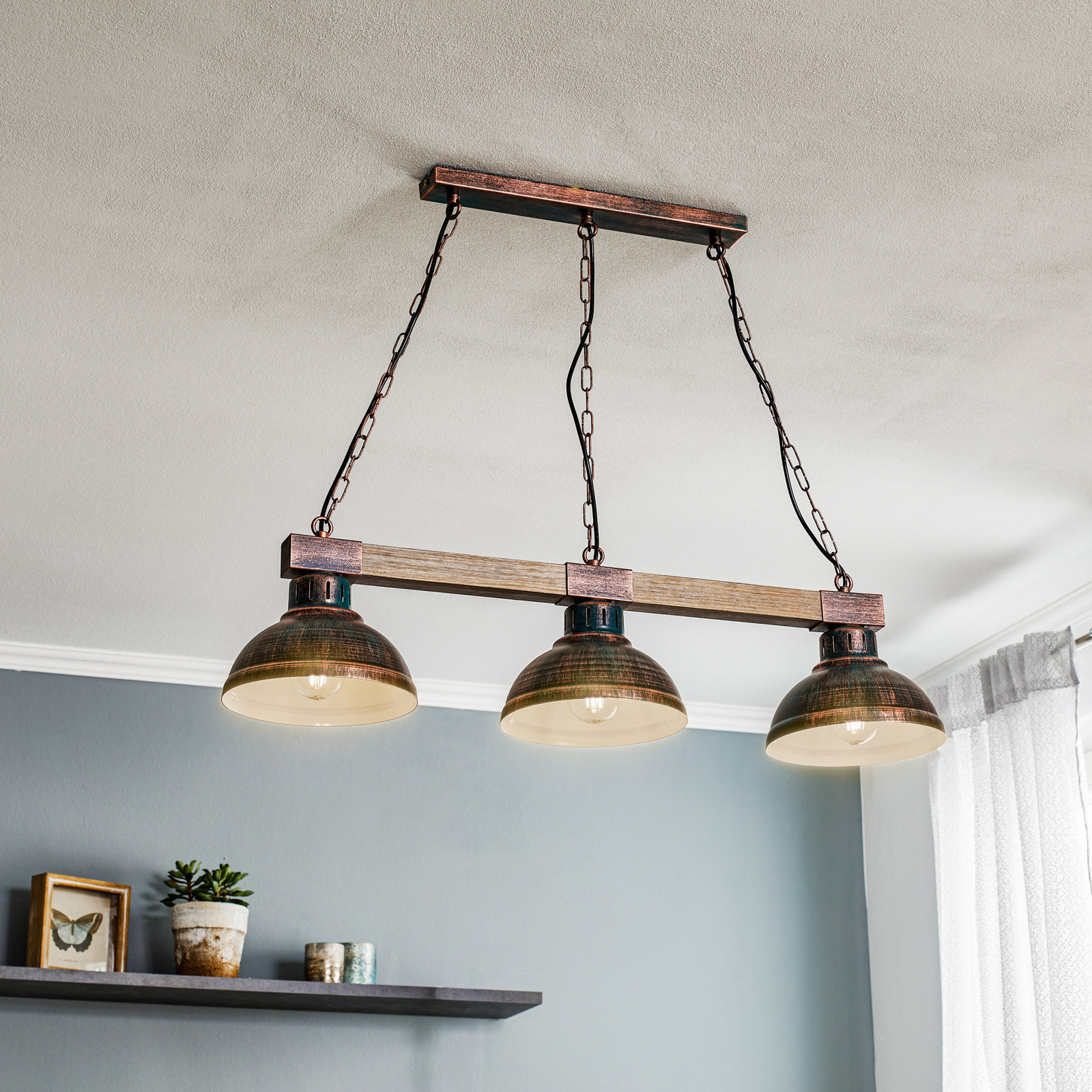 Hakon hanging lamp 3-bulb rusty brown/natural wood